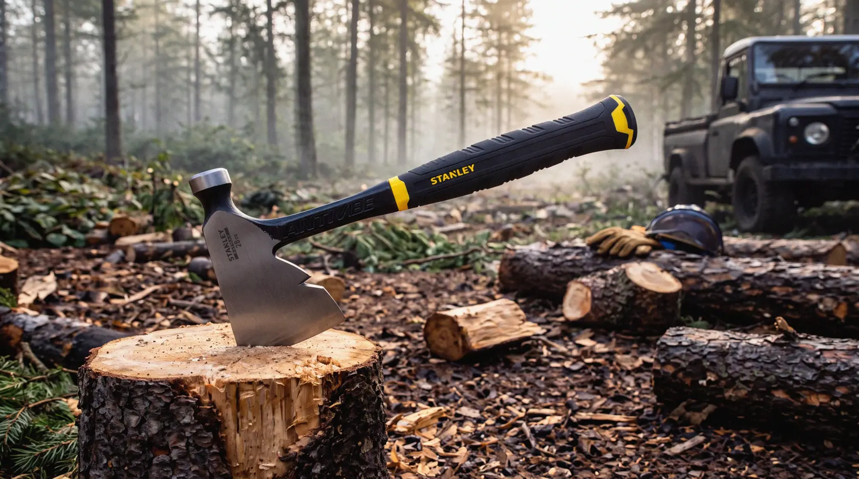 Stanley axe with black handle embedded in a tree stump in a forest, logs and vehicle in background.