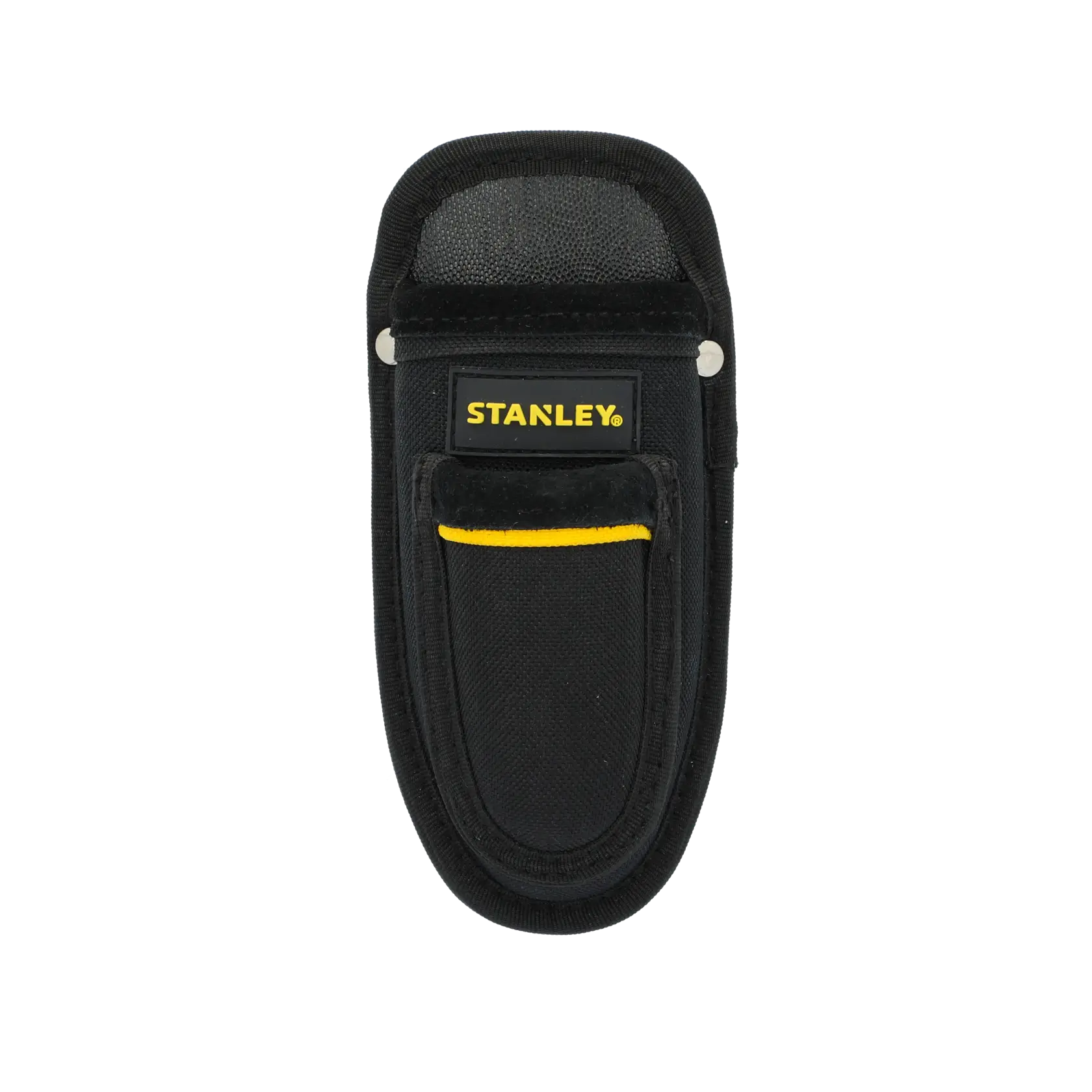 Photo of STANLEY 0-10-028 utility knife pouch, black and gray fabric, front angle on white background.