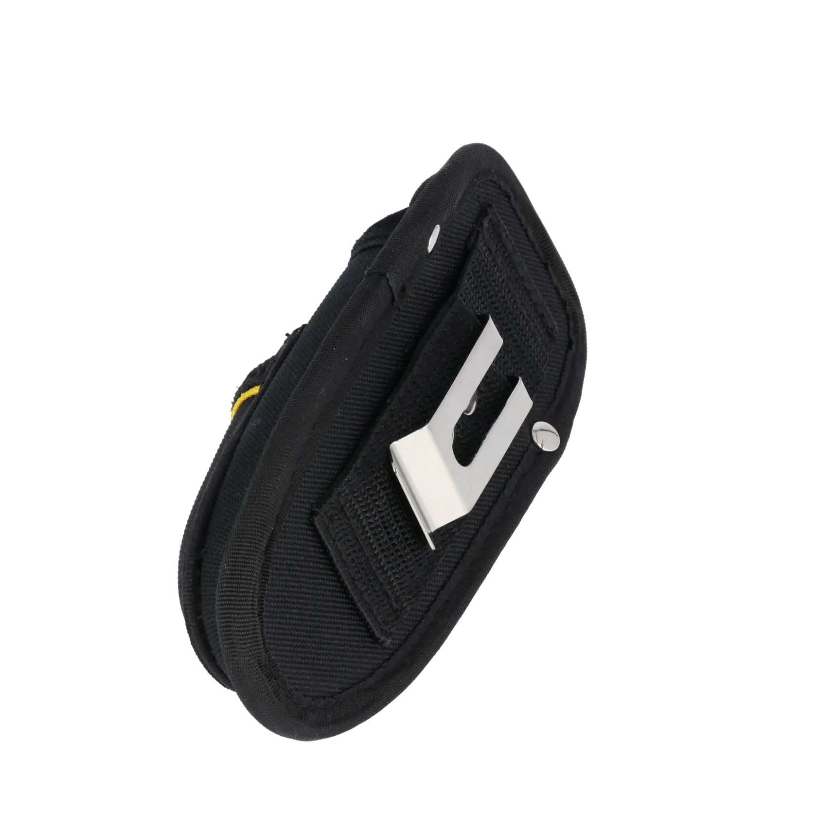 Photo of STANLEY 0-10-028 utility knife pouch, black and grey fabric with red trim, angled on white background.
