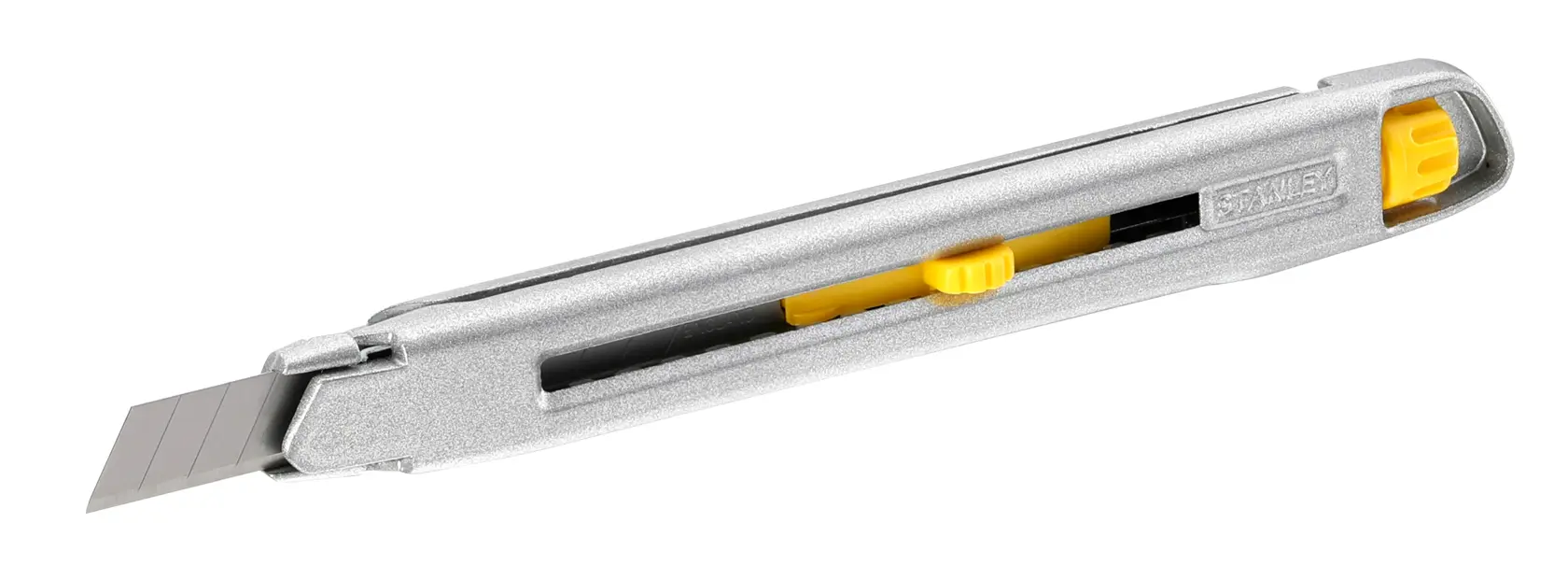 STANLEY 0-10-095 silver utility knife with segmented blade, side view on white background.