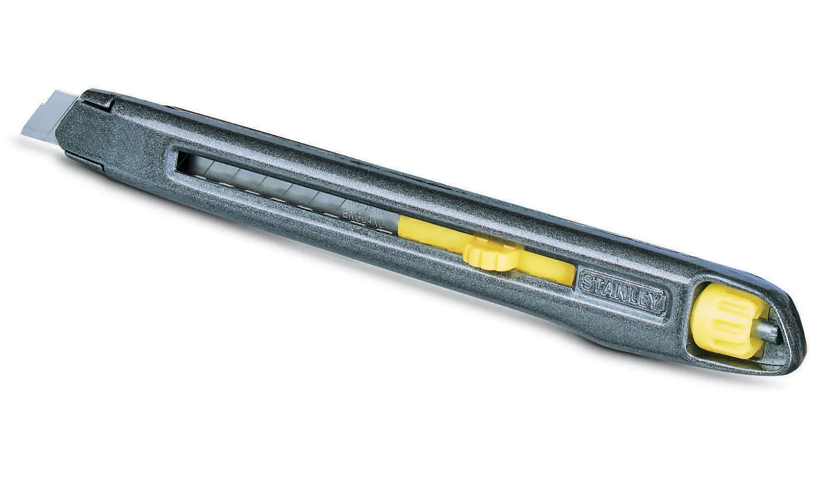 STANLEY 0-10-095 utility knife, metal body with yellow slider, product side view on white background.