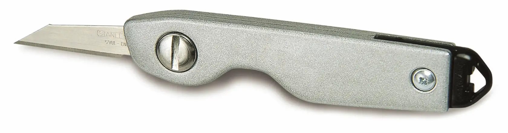 Photo of STANLEY 0-10-598 silver utility knife, side view, showing handle and straight blade.