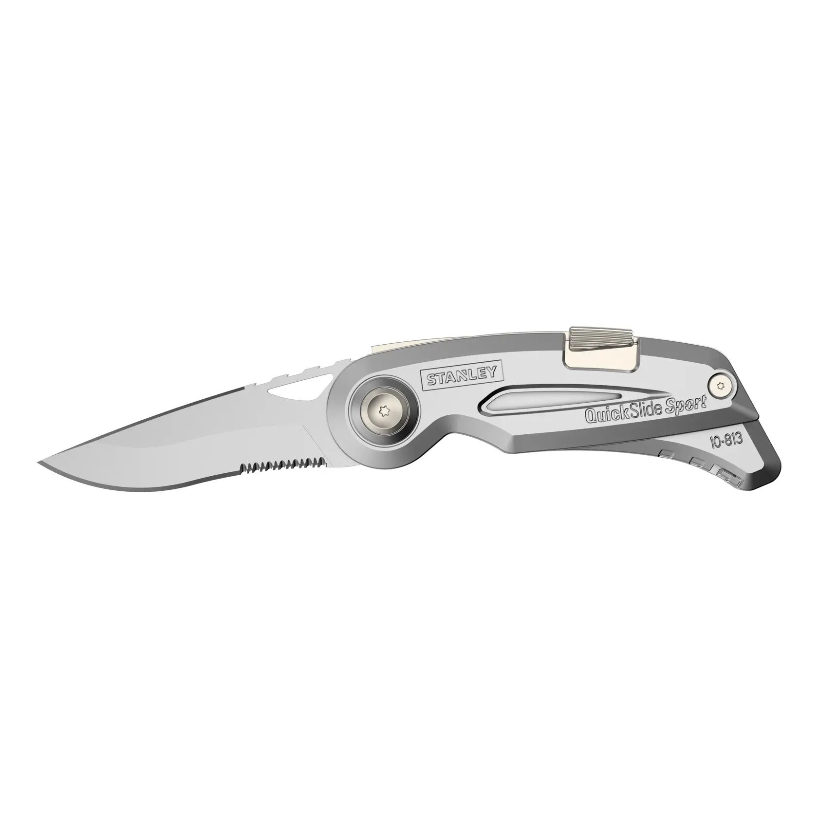 Photo of STANLEY 0-10-813 folding utility knife, grey metal, side angle on white background.