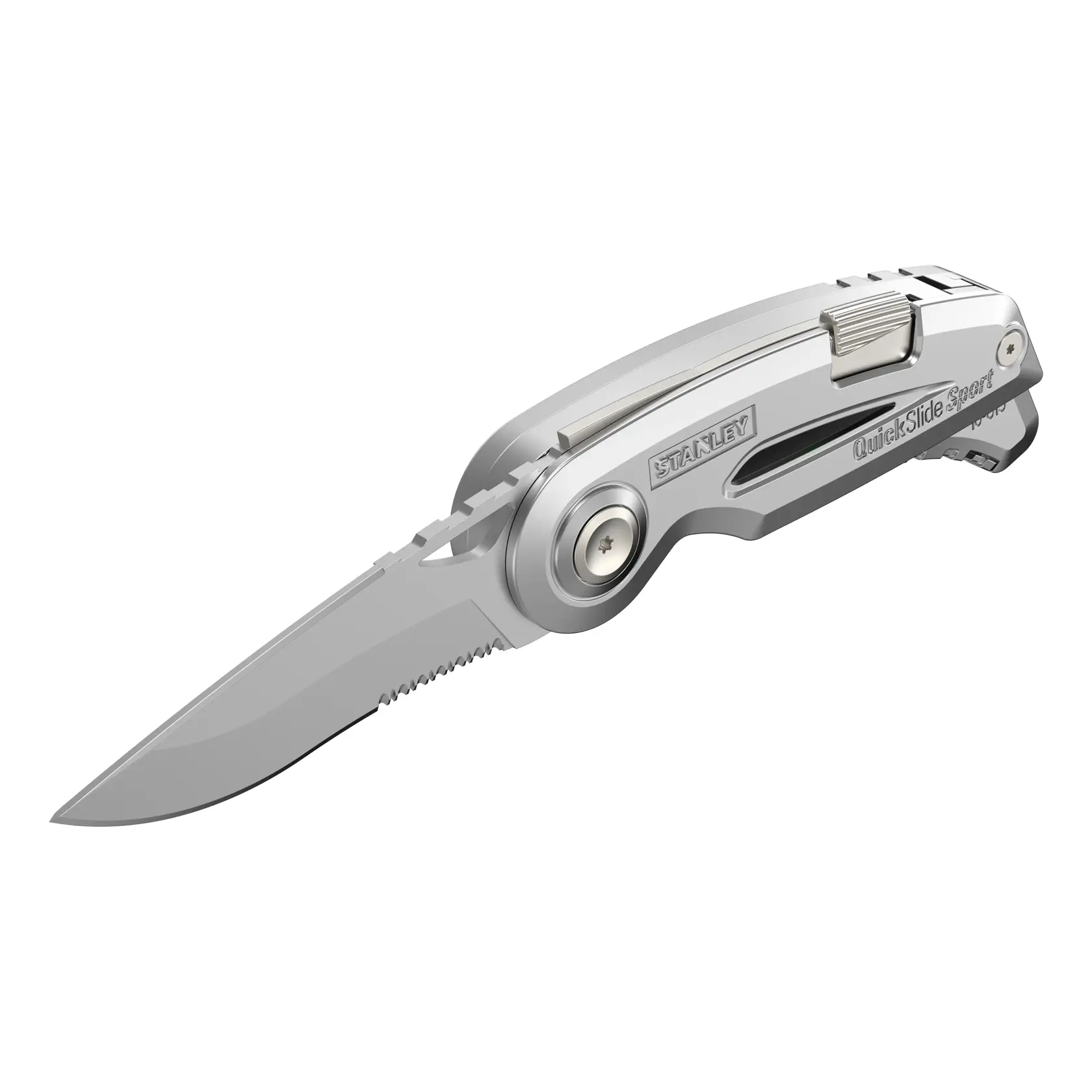 STANLEY 0-10-813 folding utility knife, metallic finish, closed position, left angle on white background.