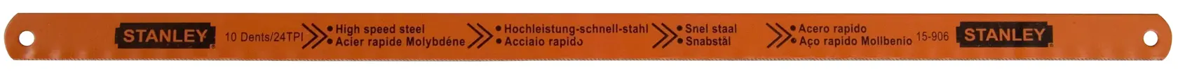 Stanley high speed steel hacksaw blade, orange with printed specifications, two holes for mounting.