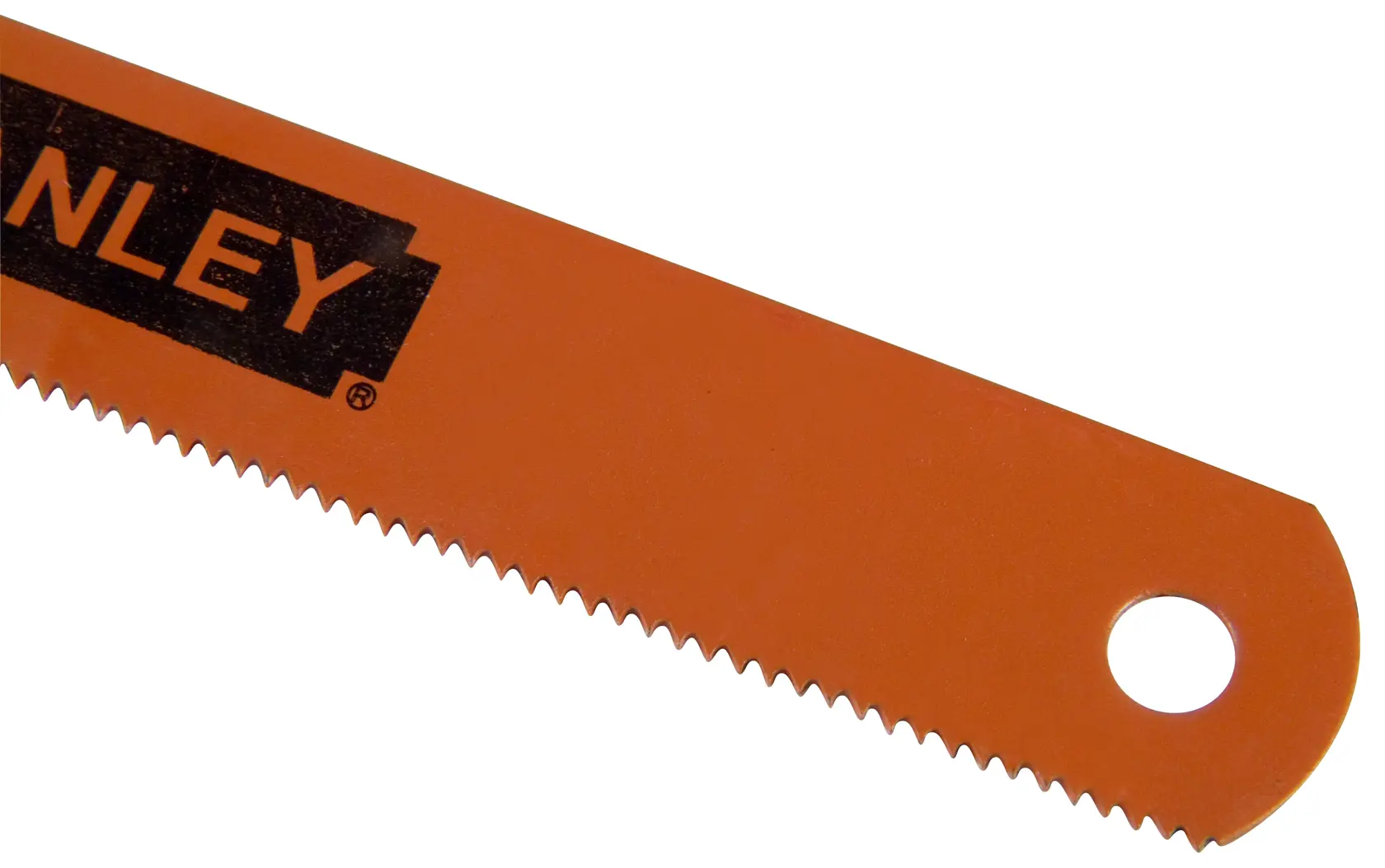 STANLEY 0-15-906 orange saw blade with fine teeth, close-up angle on white background.