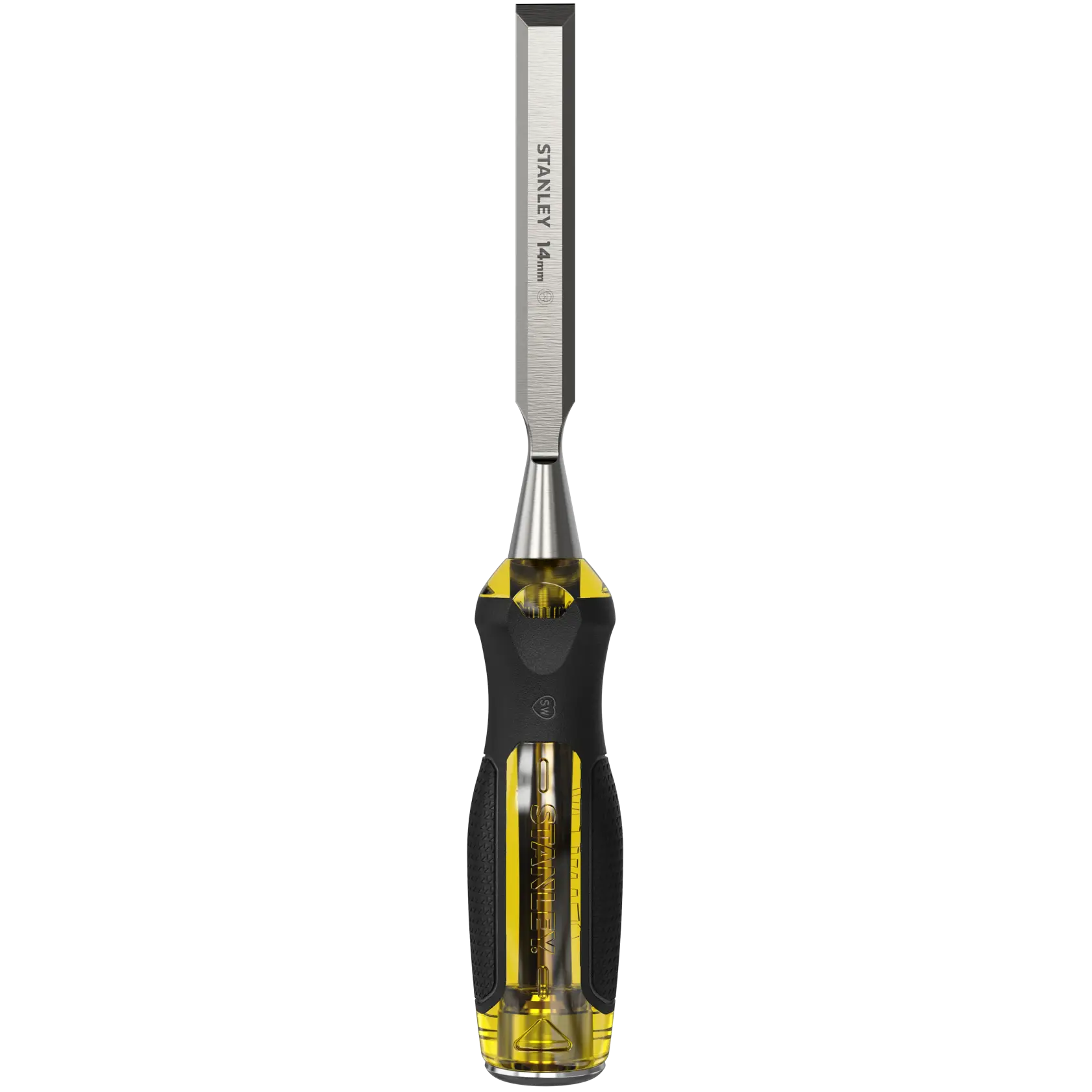 Stanley 14mm wood chisel with black and yellow handle, suitable for precise woodworking tasks.