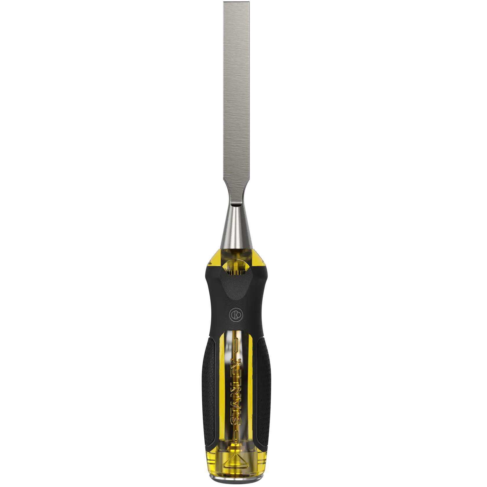 STANLEY 0-16-255 woodworking chisel with yellow and black ergonomic handle, front angle on white background.