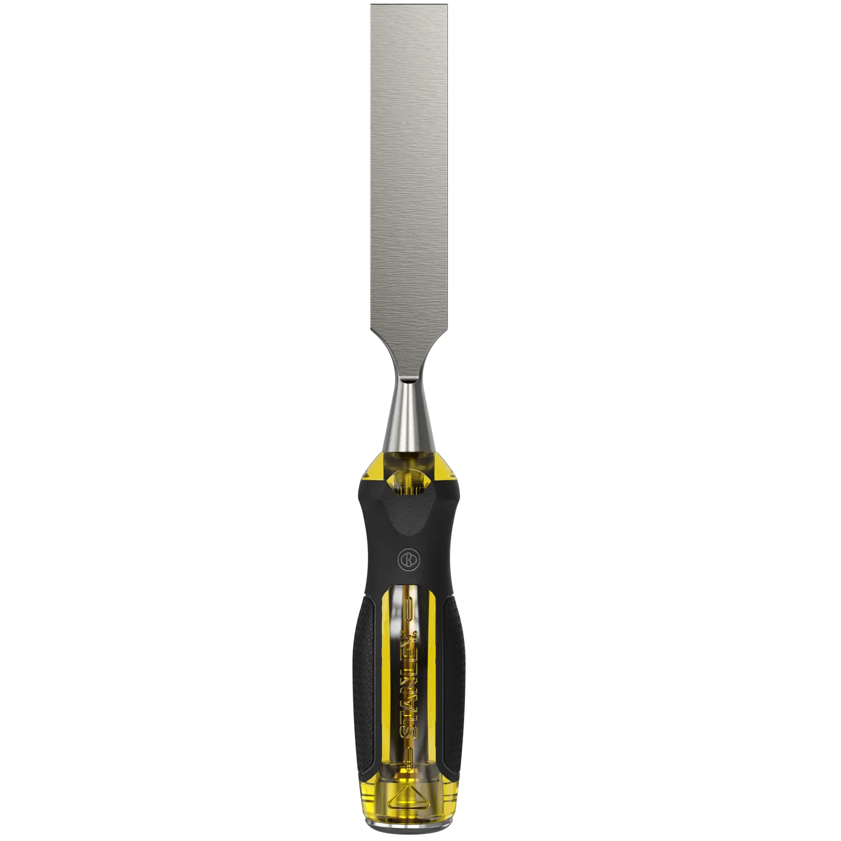 STANLEY 0-16-261 chisel with yellow and black bi-material handle, straight-on angle on white background.