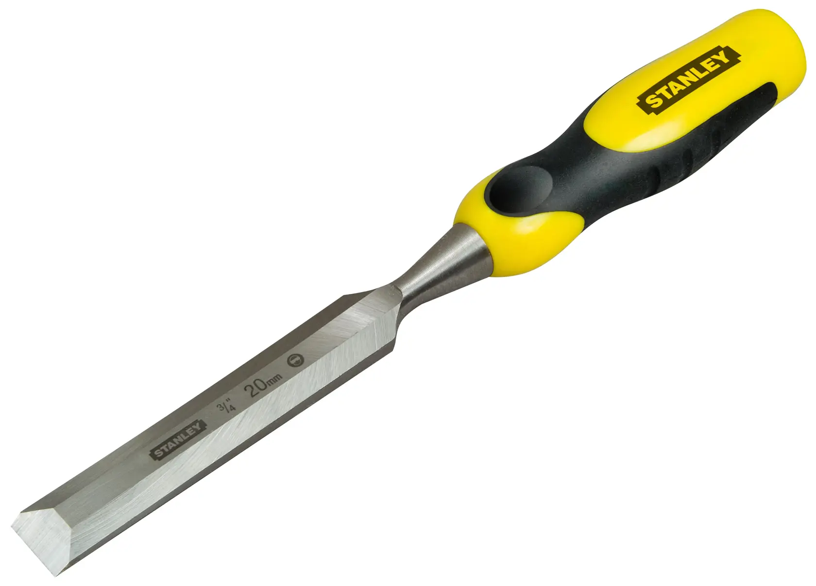 Stanley chisel with yellow and black handle and a 20mm steel blade.