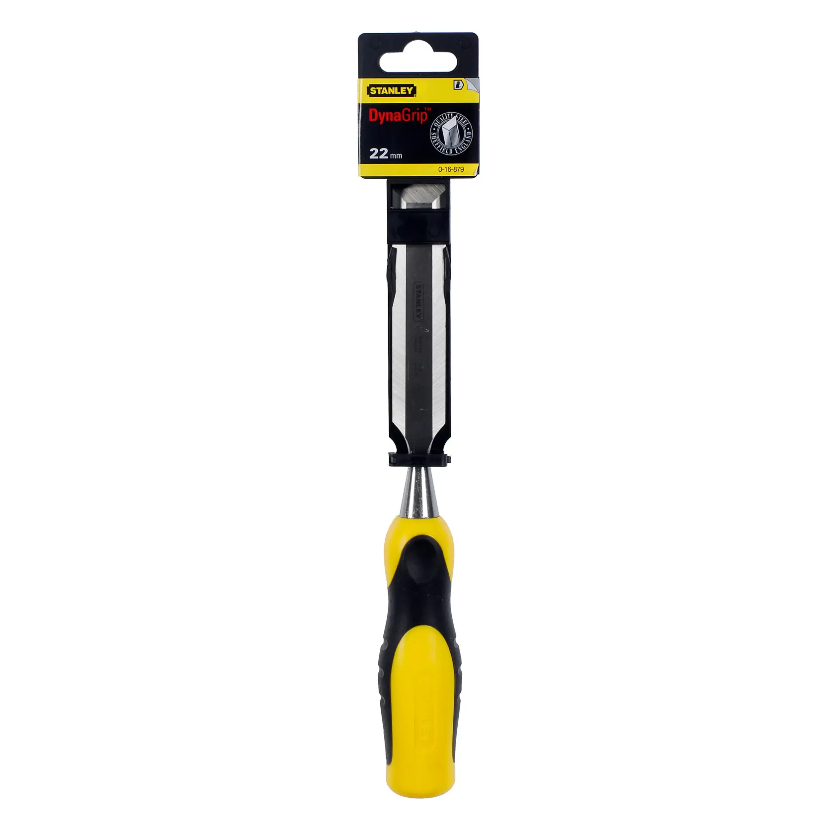 STANLEY 0-16-879 wood chisel, DynaGrip handle, yellow and black, 22mm, front angle, white background.