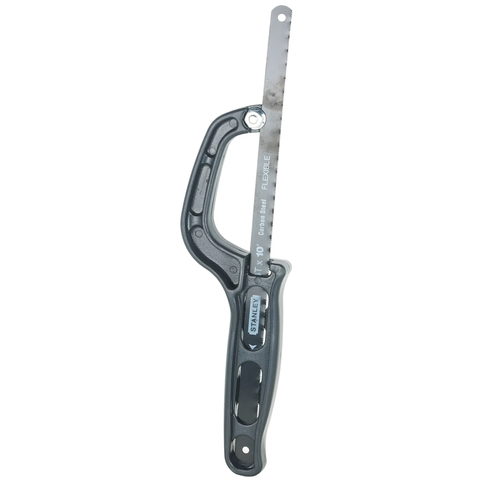Stanley coping saw side view on white background, black ergonomic handle and thin flexible steel blade