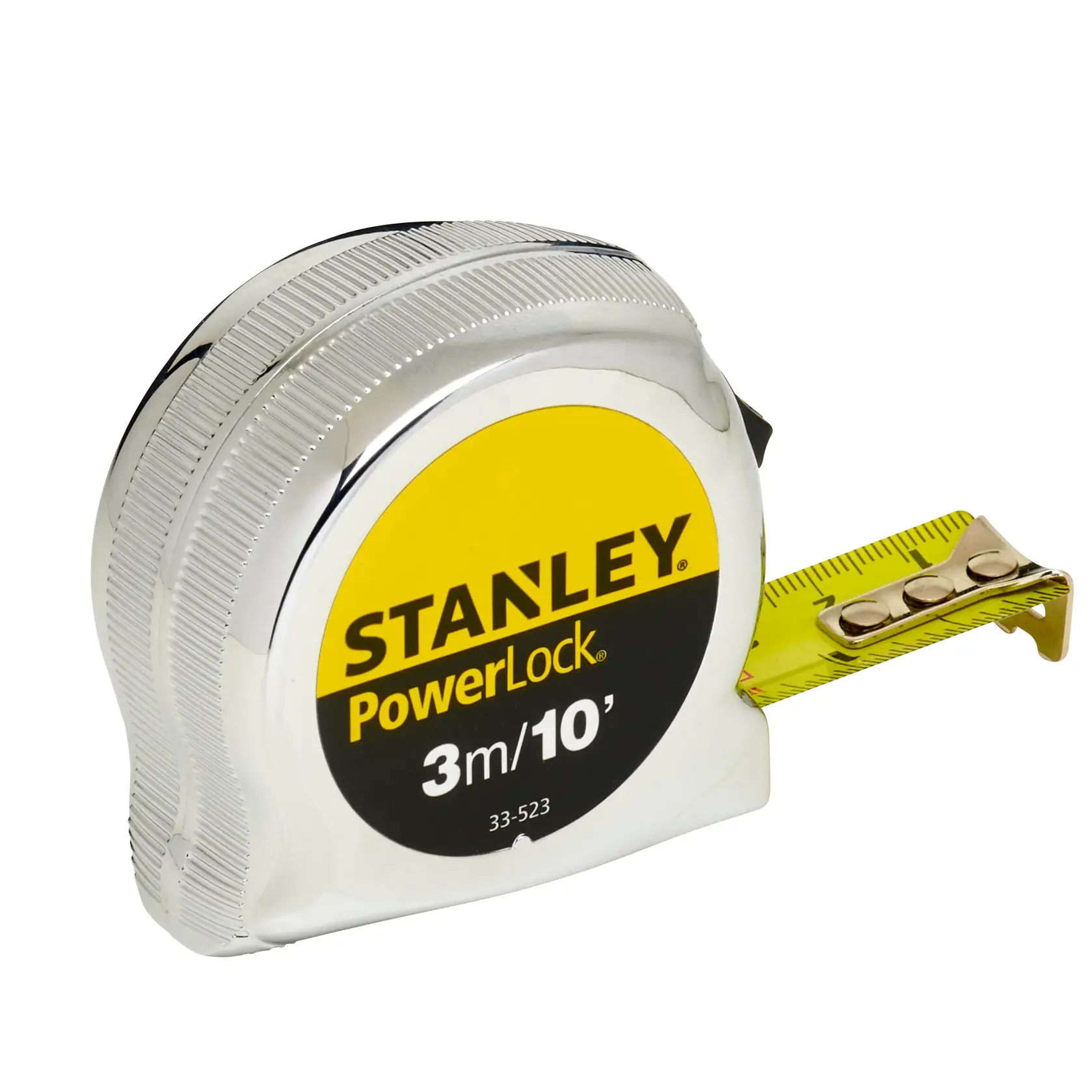 Stanley PowerLock measuring tape, silver case, yellow label, extended blade showing metric and imperial units.