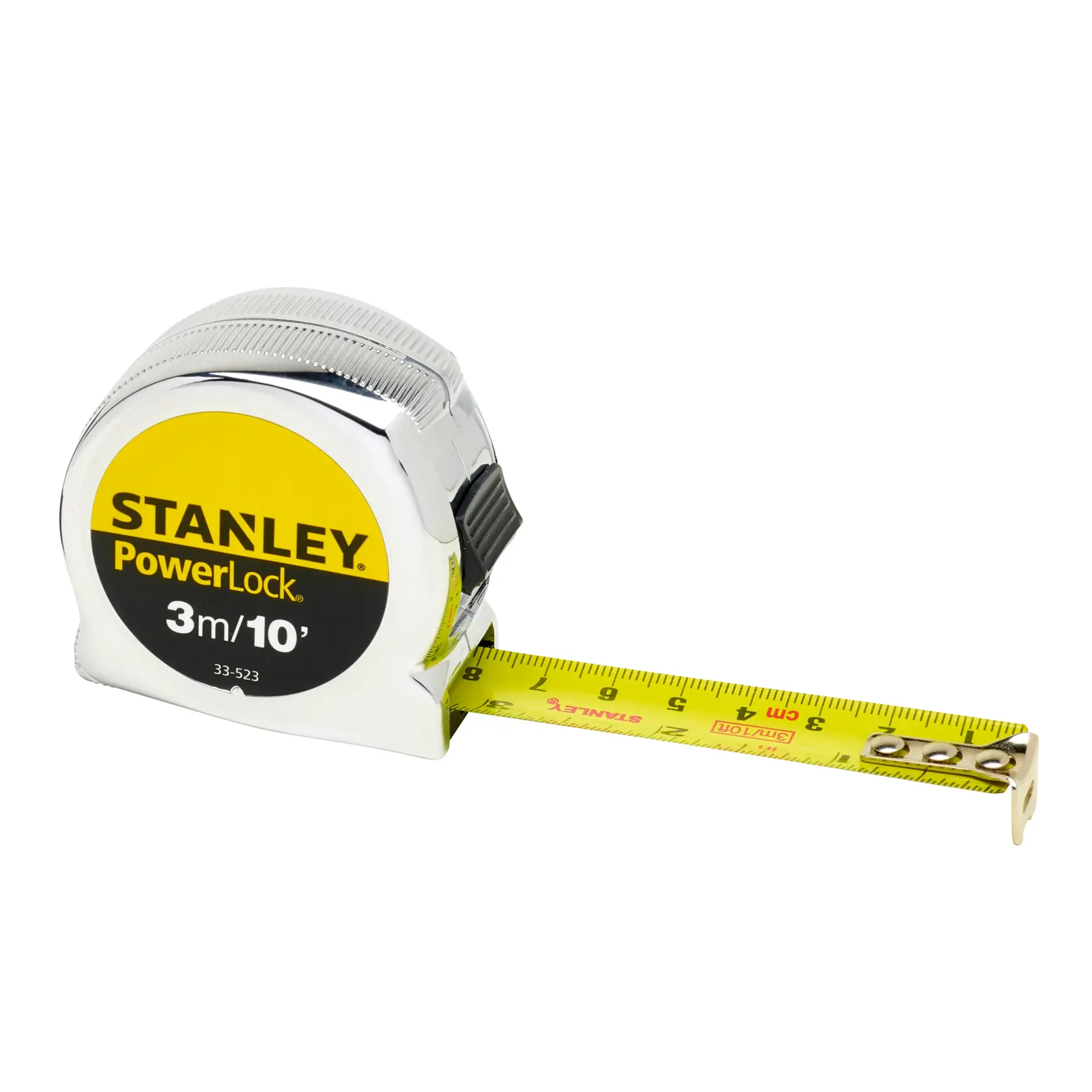 Stanley PowerLock tape measure, 3m/10ft, yellow and chrome casing, extended measuring tape.