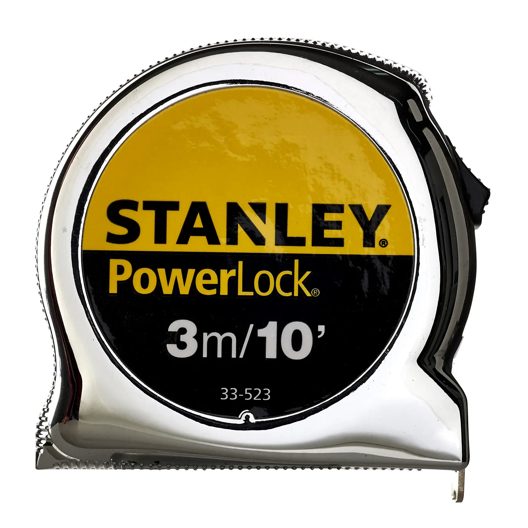 Stanley PowerLock tape measure, 3m/10ft length, chrome case, model 33-523, shown front view.