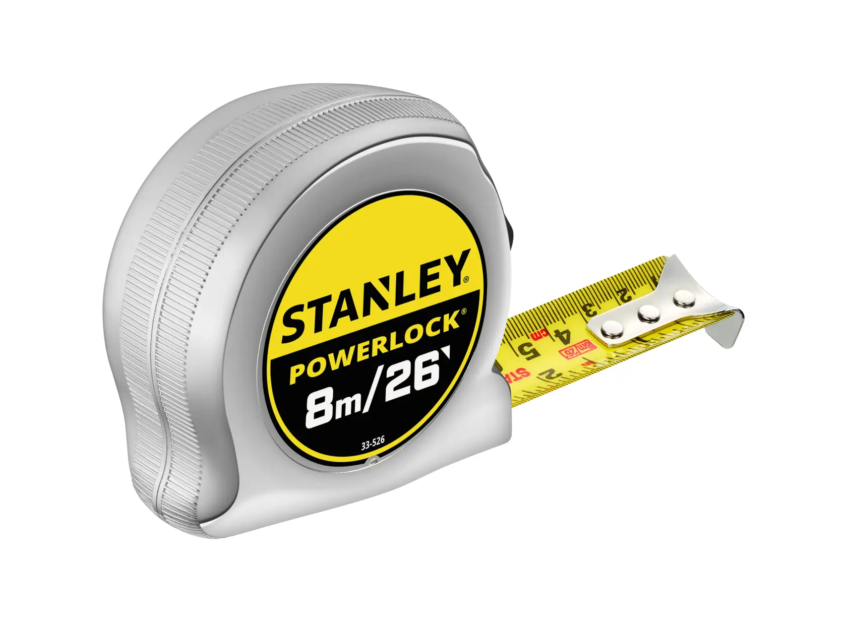 STANLEY 0-33-526 tape measure, PowerLock Blade Armor, 8m/26ft, chrome case, side view on white background.