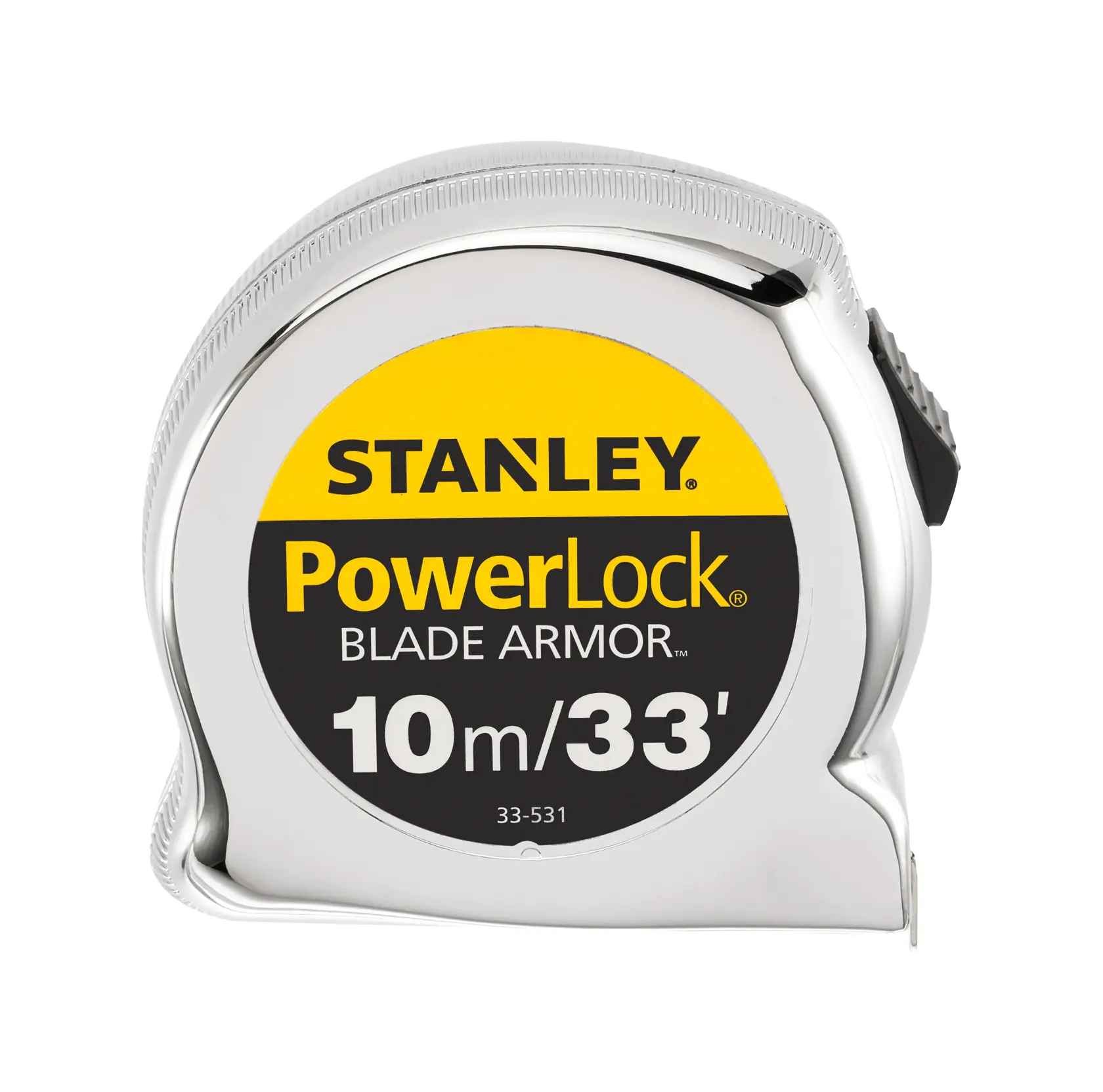 STANLEY 0-33-531 PowerLock tape measure with Blade Armor, 10m/33ft, front angle, silver and yellow case.