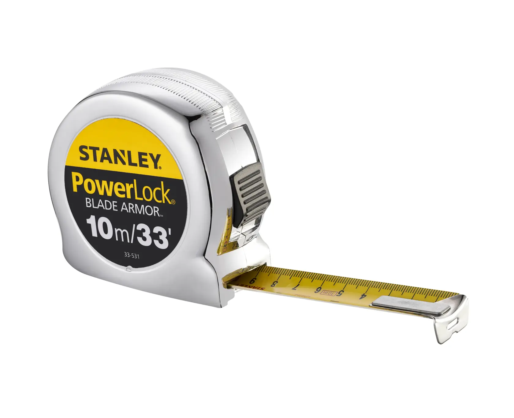 Photo of STANLEY 0-33-531 PowerLock tape measure with yellow blade, side angle, 10m/33ft.