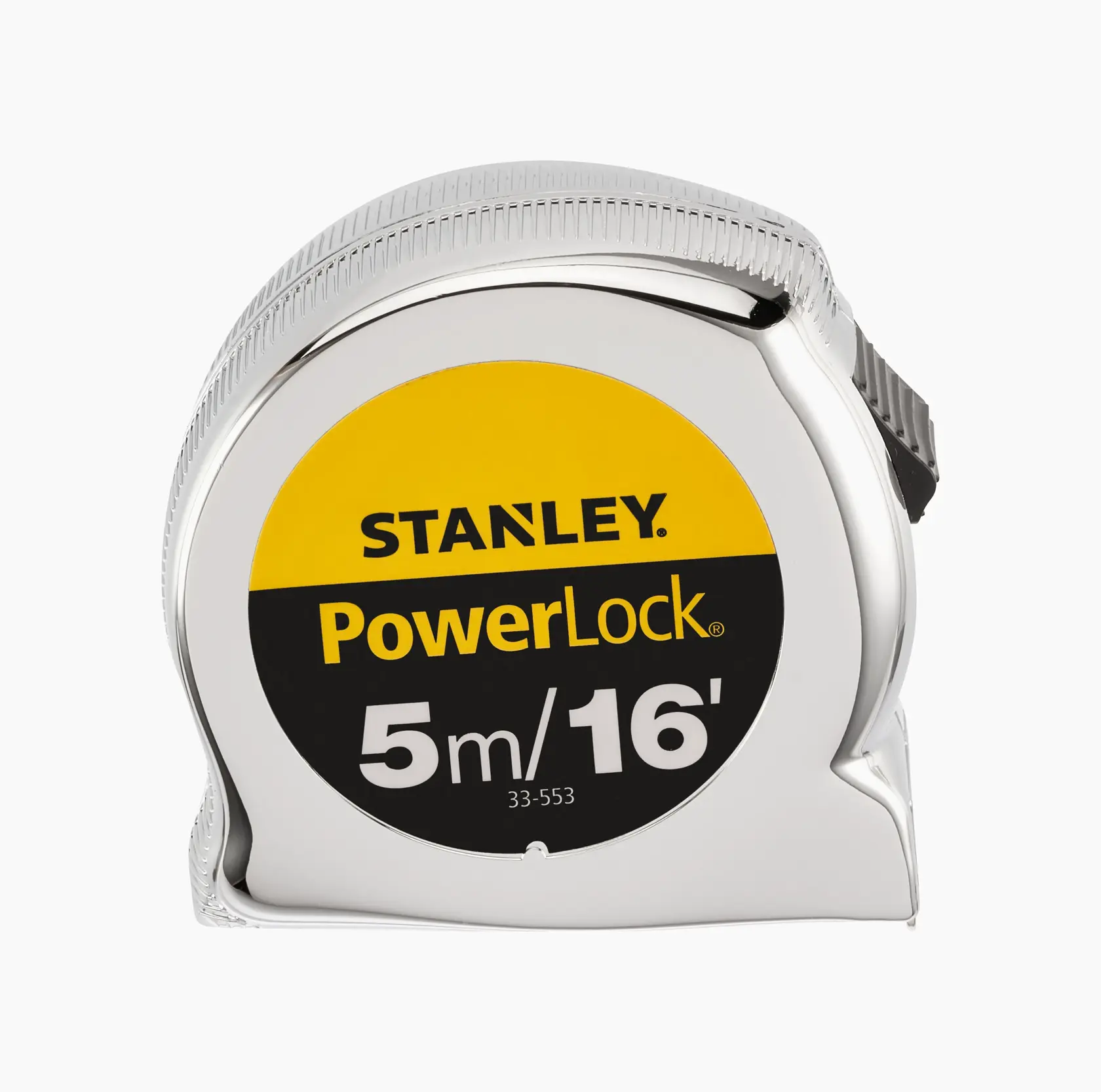 STANLEY 0-33-553 tape measure, PowerLock design, 5m/16ft, chrome finish, product photo front angle.