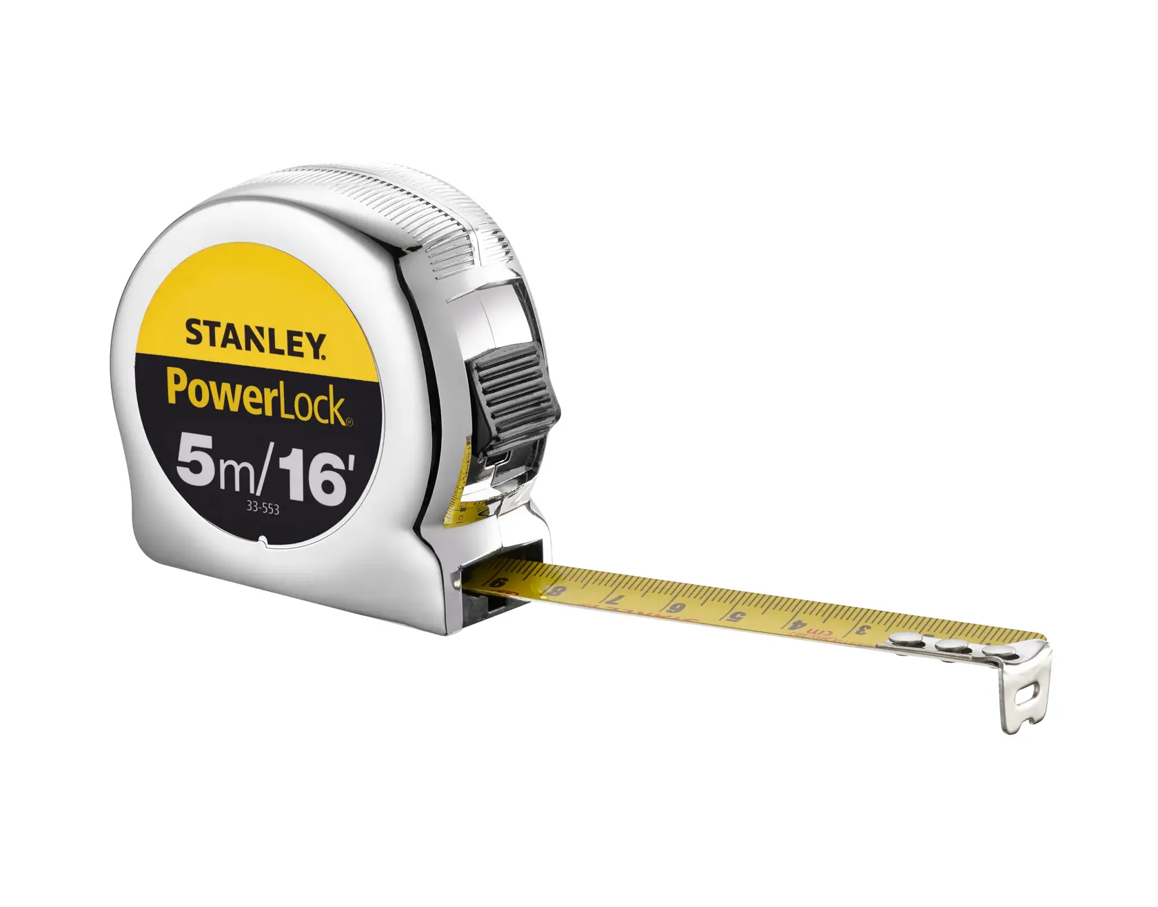 STANLEY 0-33-553 tape measure, PowerLock model, chrome case, front angle with extended yellow blade.