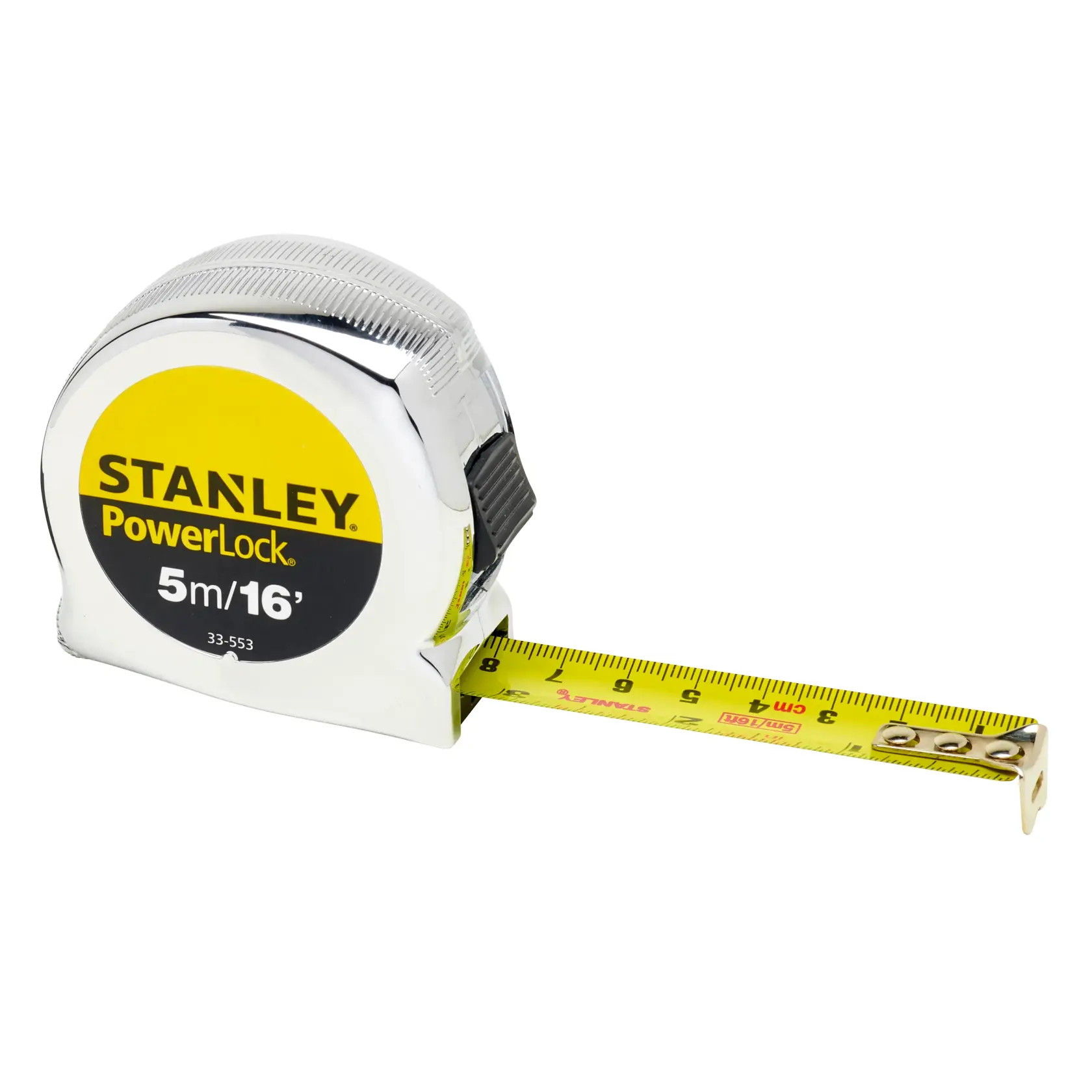 Stanley PowerLock tape measure with yellow and black label, extended to show metric and imperial markings.