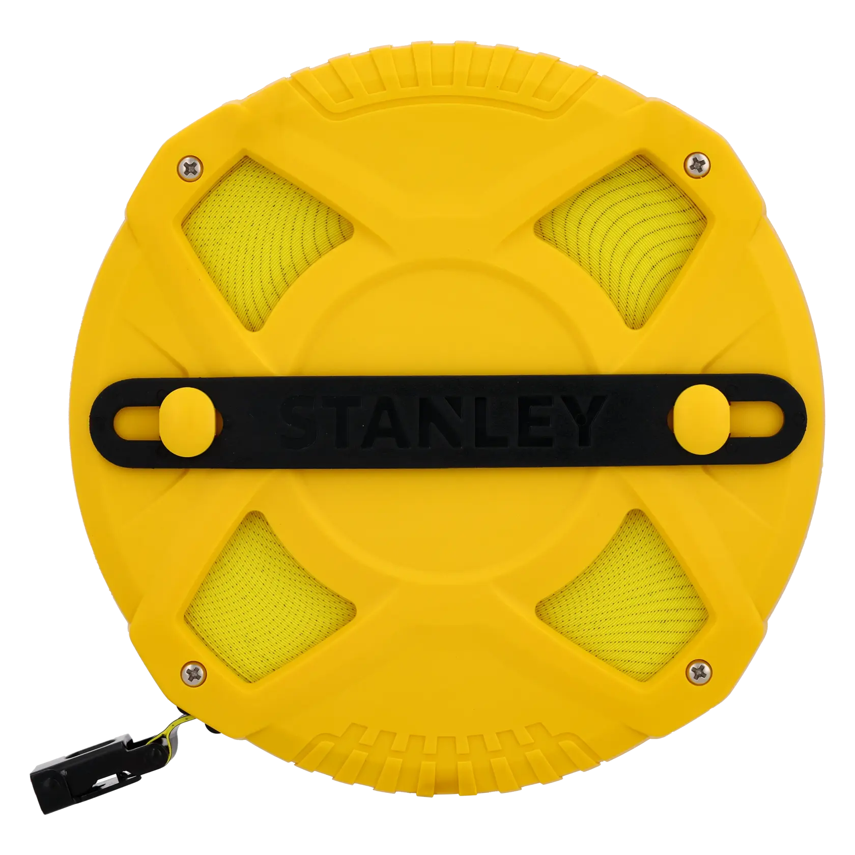 STANLEY 0-34-262 yellow and black open reel tape measure, front angle on white background.