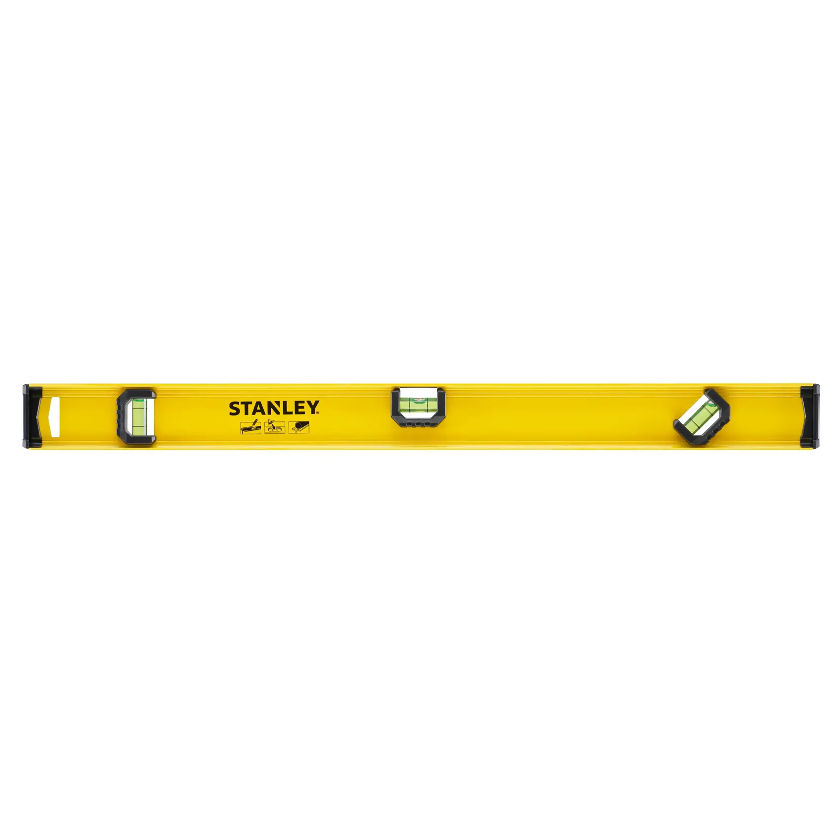 STANLEY 0-42-074 yellow spirit level with three vials, front view on white background.