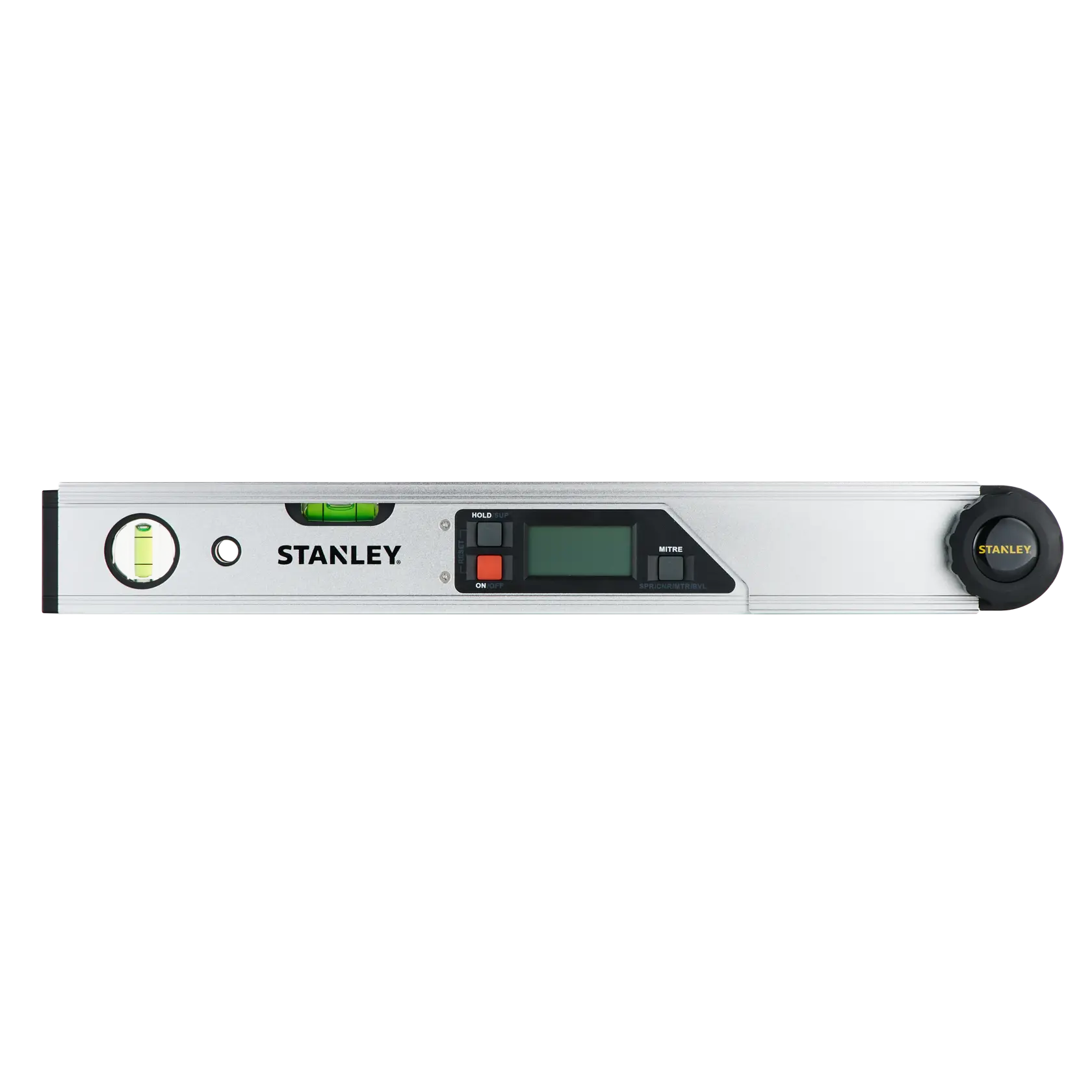 Photo of STANLEY 0-42-087 digital spirit level with LCD display and two vials, front angle.