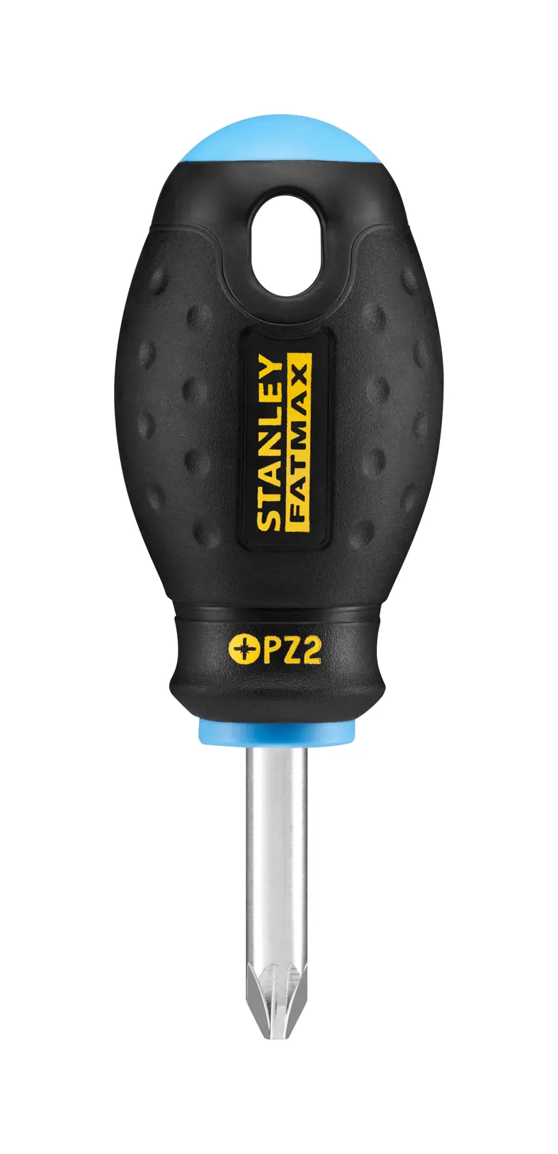 STANLEY 0-65-409 stubby Pozidriv screwdriver with black textured handle, front angle, white background.