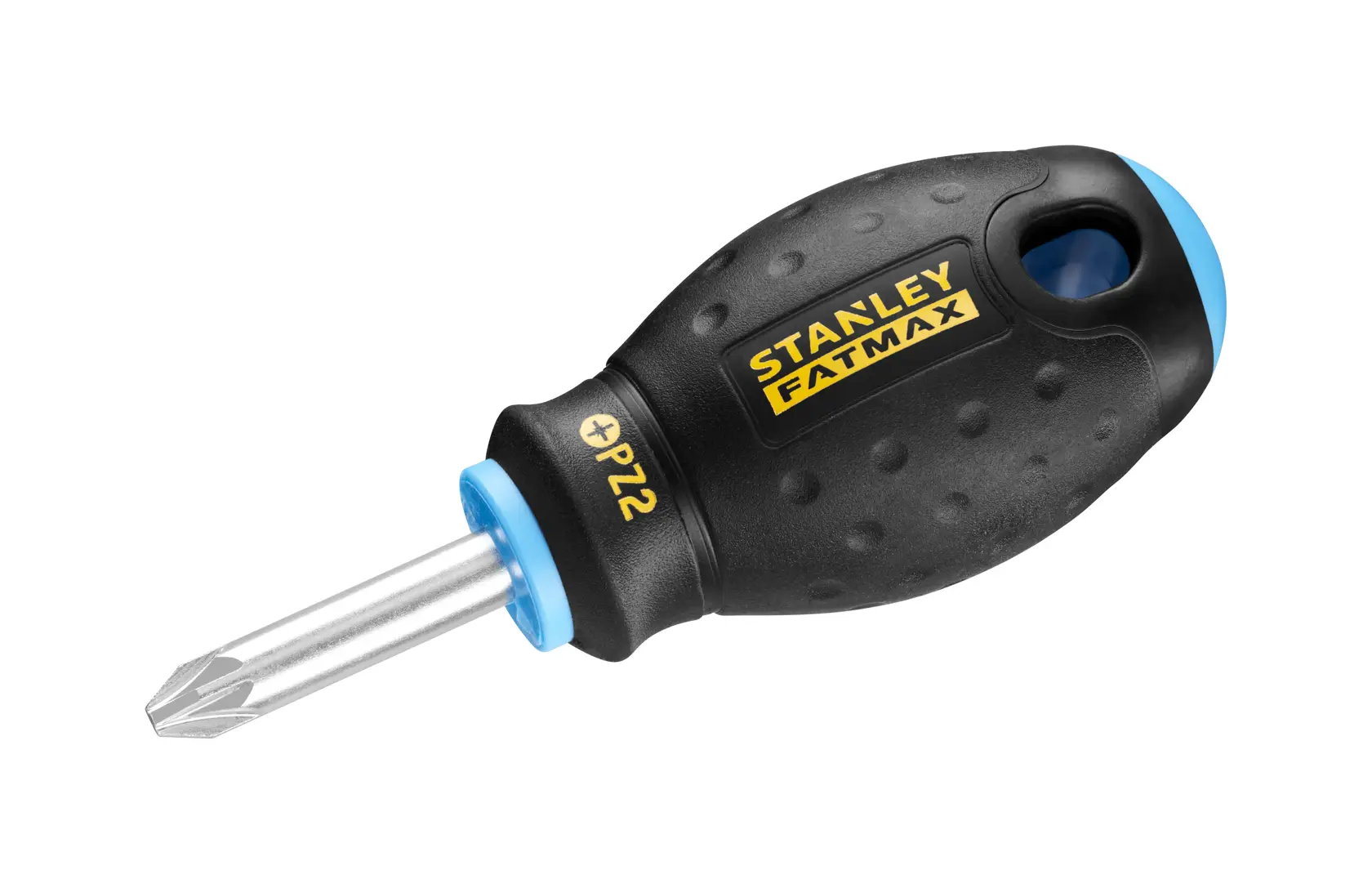 STANLEY 0-65-409 stubby Phillips screwdriver with black textured handle, yellow logo, and blue tip, angled view.