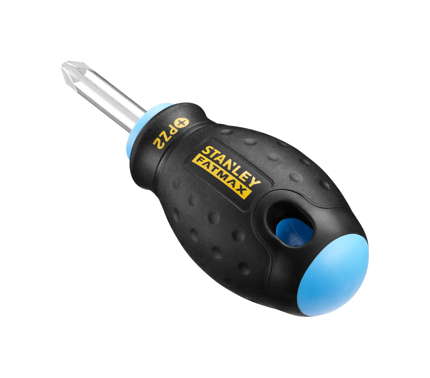 STANLEY 0-65-409 stubby Phillips screwdriver with black textured handle, blue accents, and visible PH2 tip, angled view.