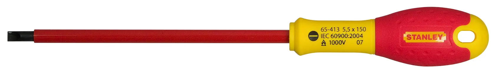 Stanley insulated flat screwdriver with red shaft, yellow and red handle, suitable for electrical work.