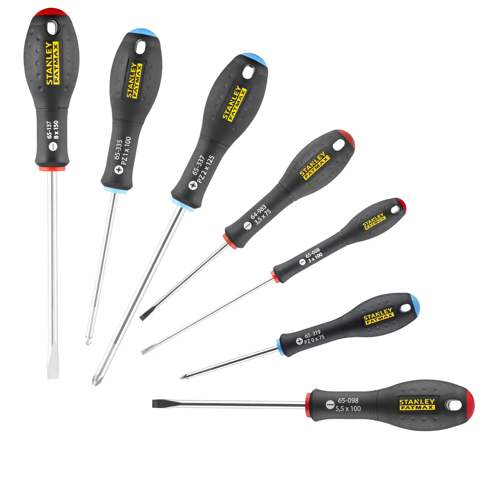 Stanley FATMAX 0-65-425 screwdriver set with black handles and colored tips, flat and Phillips, top angle photo.