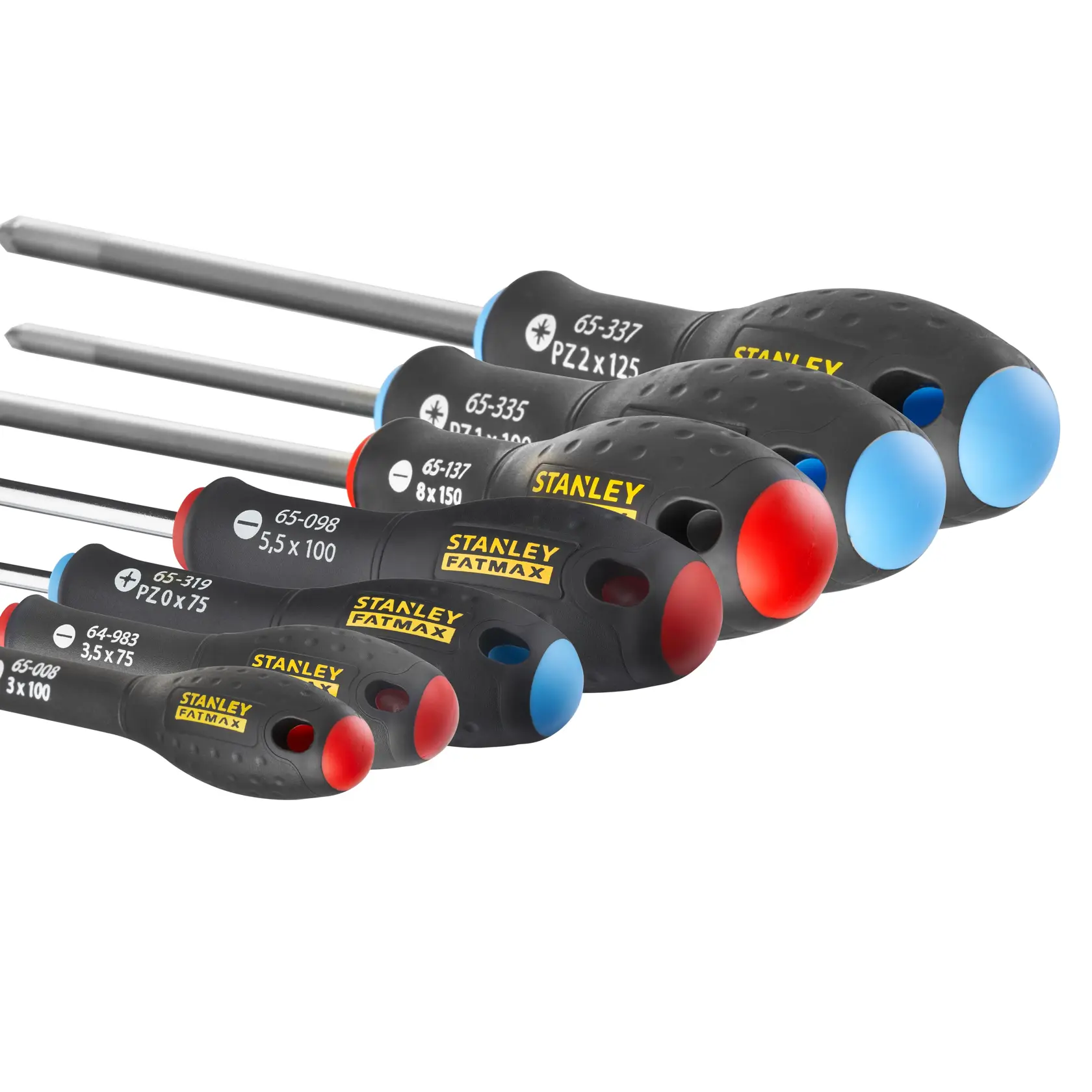 Set of Stanley Fatmax screwdrivers with black handles and color-coded ends, displayed in a row.