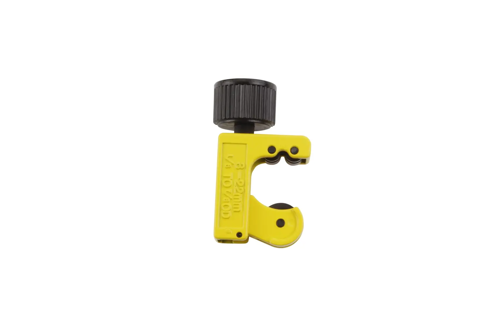 Stanley 0-70-447 yellow pipe cutter, front view, compact metal tool with black adjustment knob.