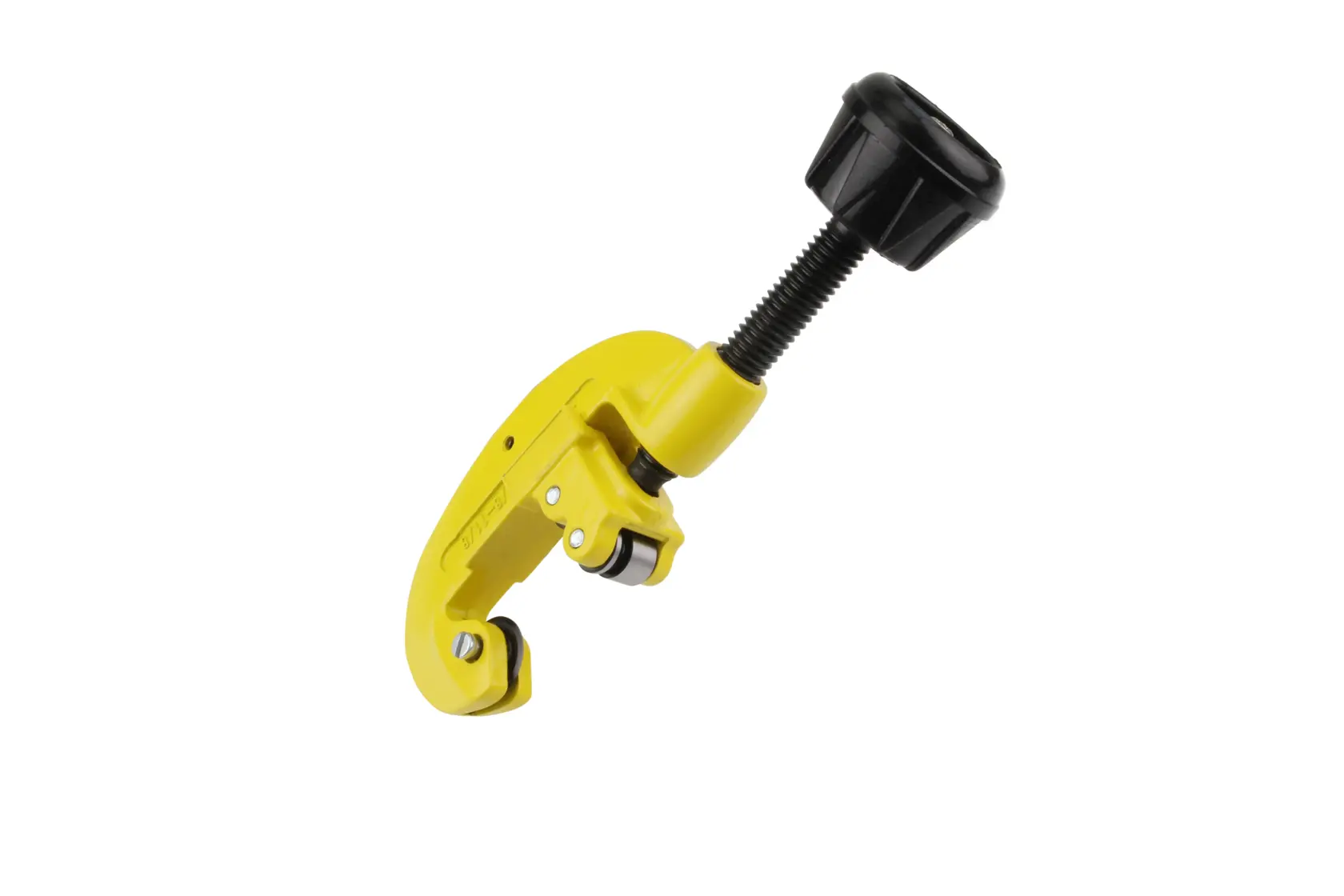 STANLEY 0-70-448 yellow pipe cutter with black knob, side angle on white background.