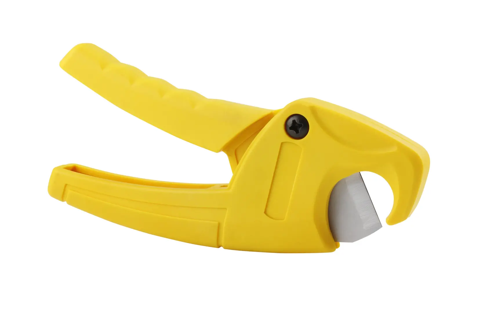 STANLEY 0-70-450 yellow plastic pipe cutter, product side view, photography on white background.