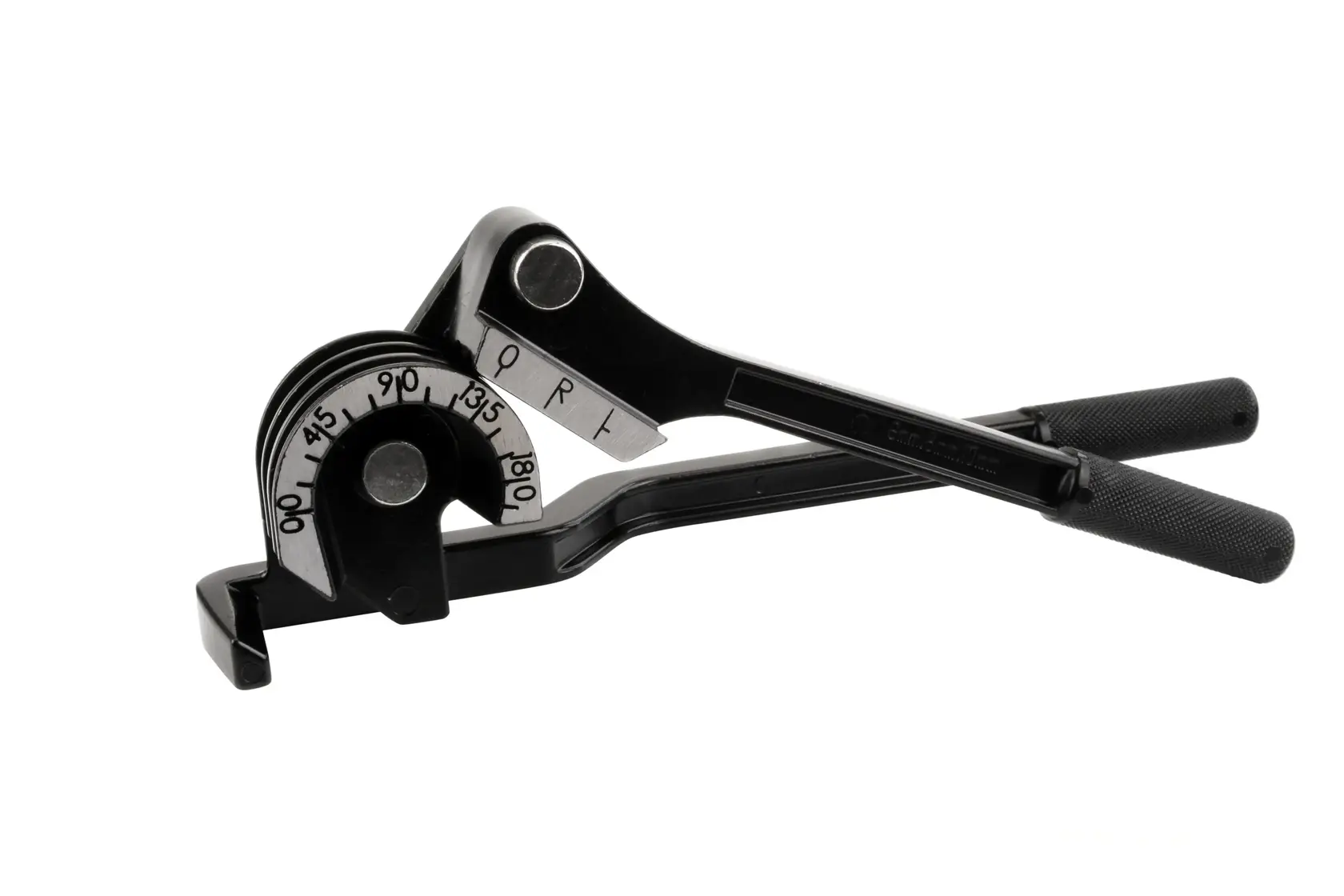 STANLEY 0-70-451 pipe bender tool, side angle, black metal with degree markings on dial, two textured handles.