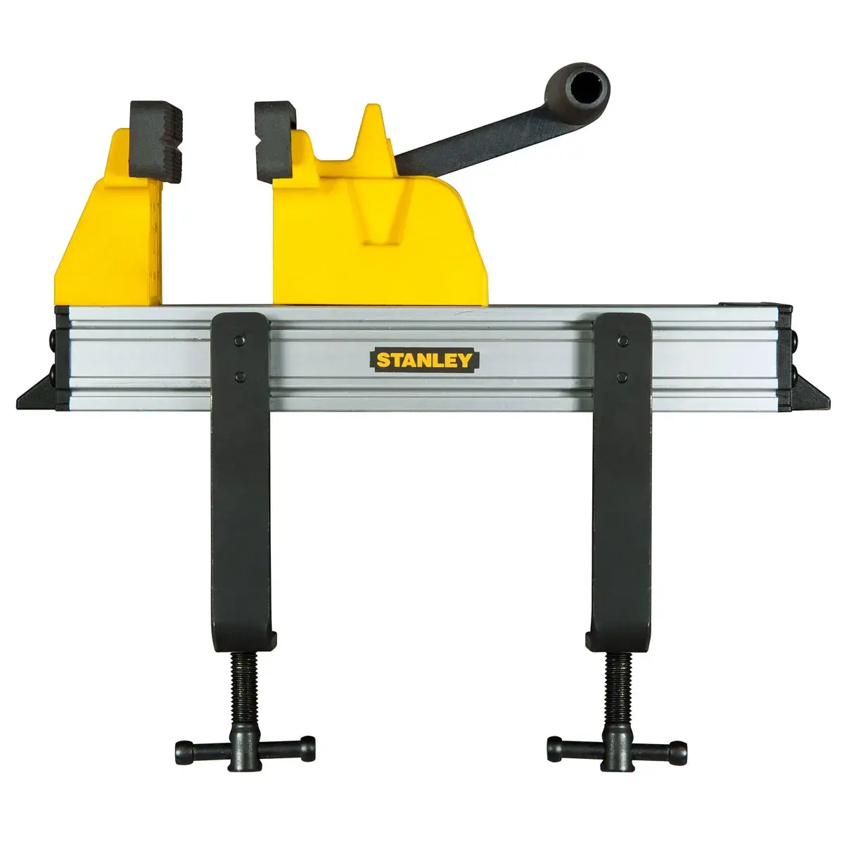 STANLEY 0-83-179 miter box and saw guide, yellow and black, front angle on white background.