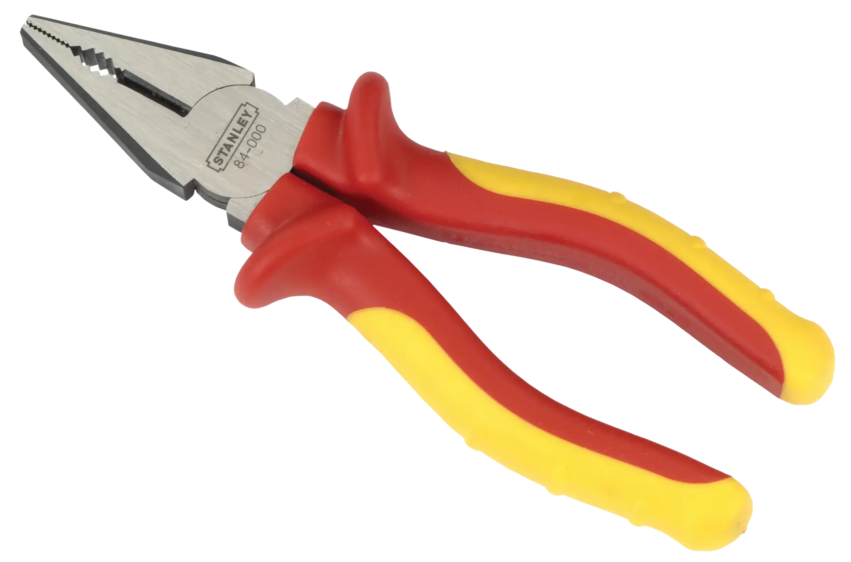 Stanley pliers with red and yellow insulated handles and textured jaws, suitable for gripping or cutting.