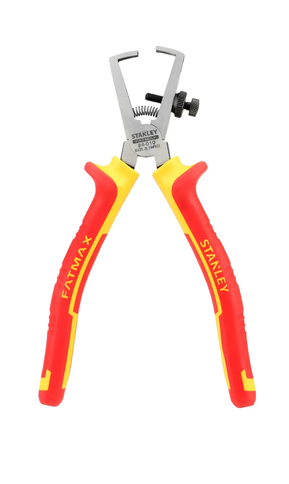 Stanley FatMax wire stripper pliers with red and yellow handles, shown against a white background.