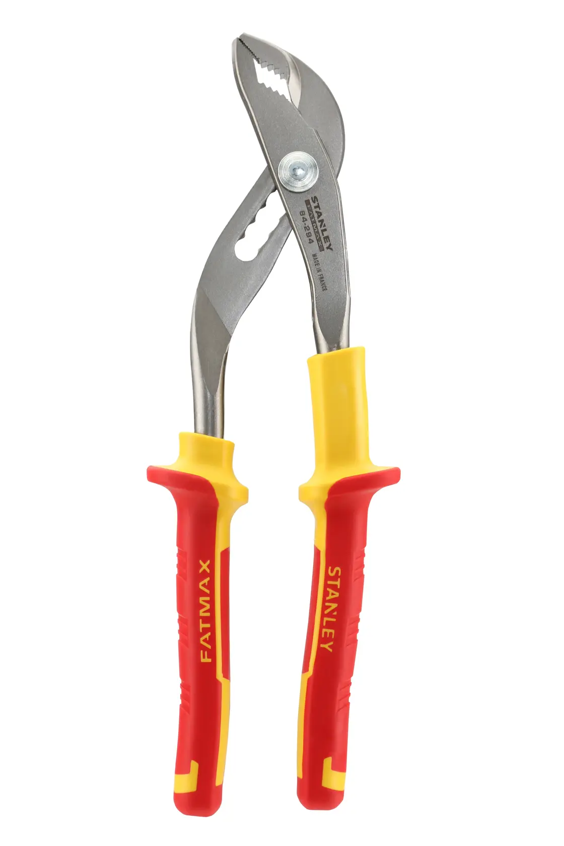 STANLEY 0-84-294 insulated groove joint pliers with red and yellow handles, front angle, white background.