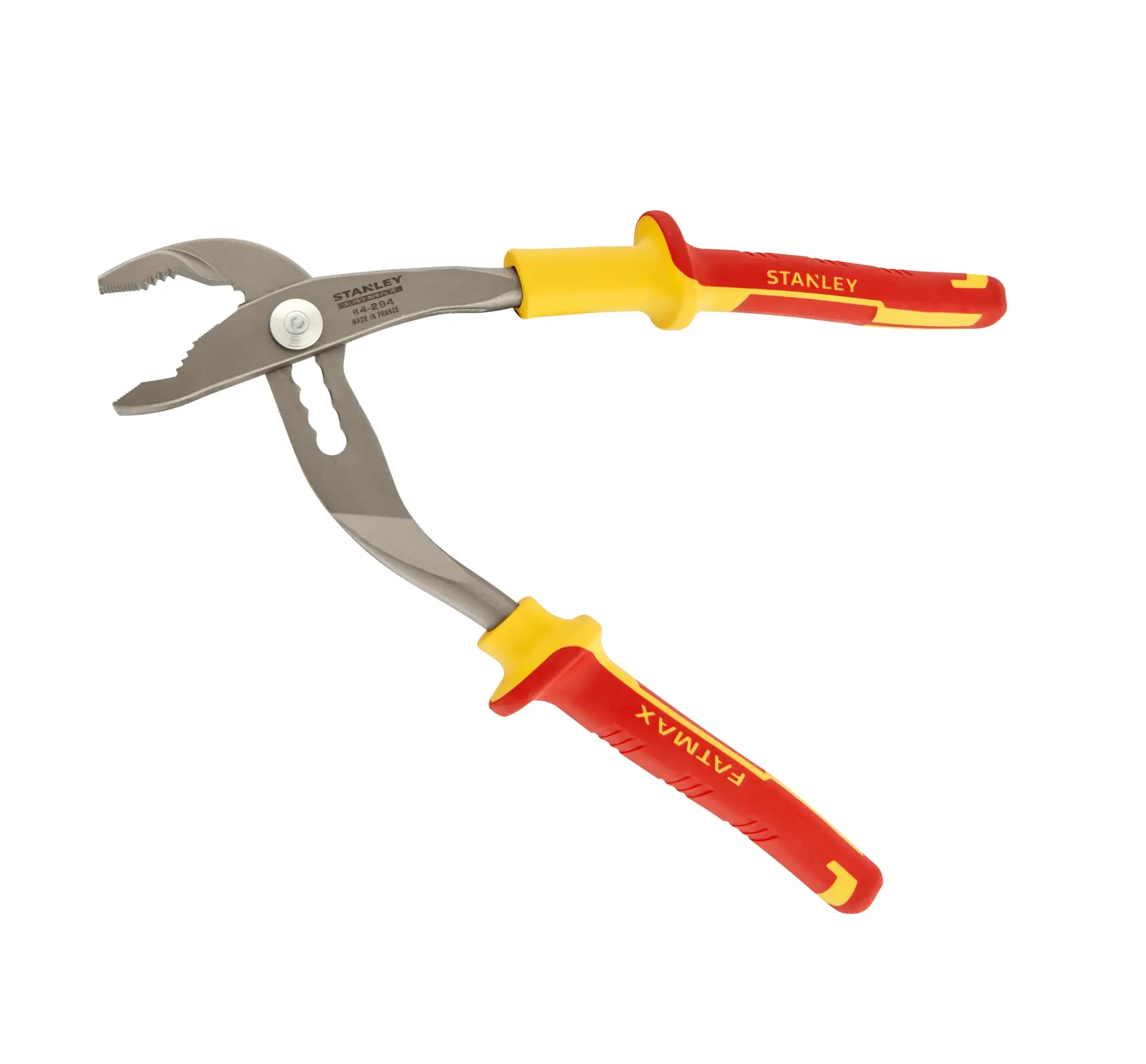 Photo of STANLEY 0-84-294 water pump pliers with red and yellow insulated handles, angled view on white background.
