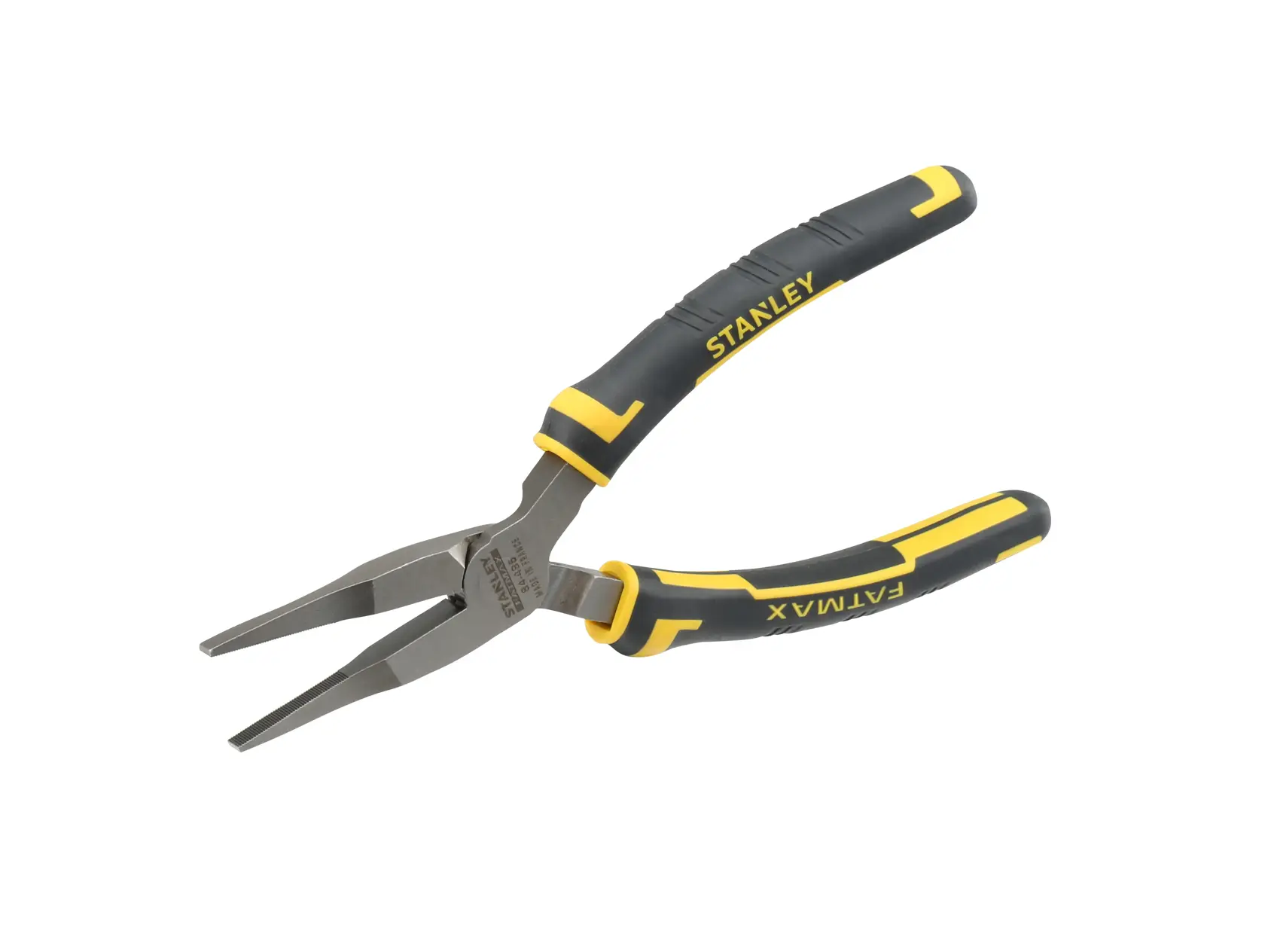 Stanley FatMax long nose pliers with black and yellow insulated grips, suitable for precise gripping and cutting tasks.