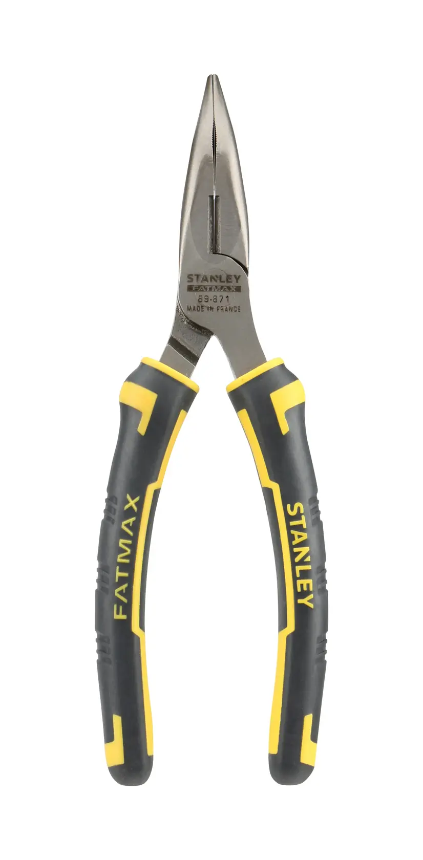 STANLEY 0-89-871 long nose pliers, black and yellow handles, photography on white background.