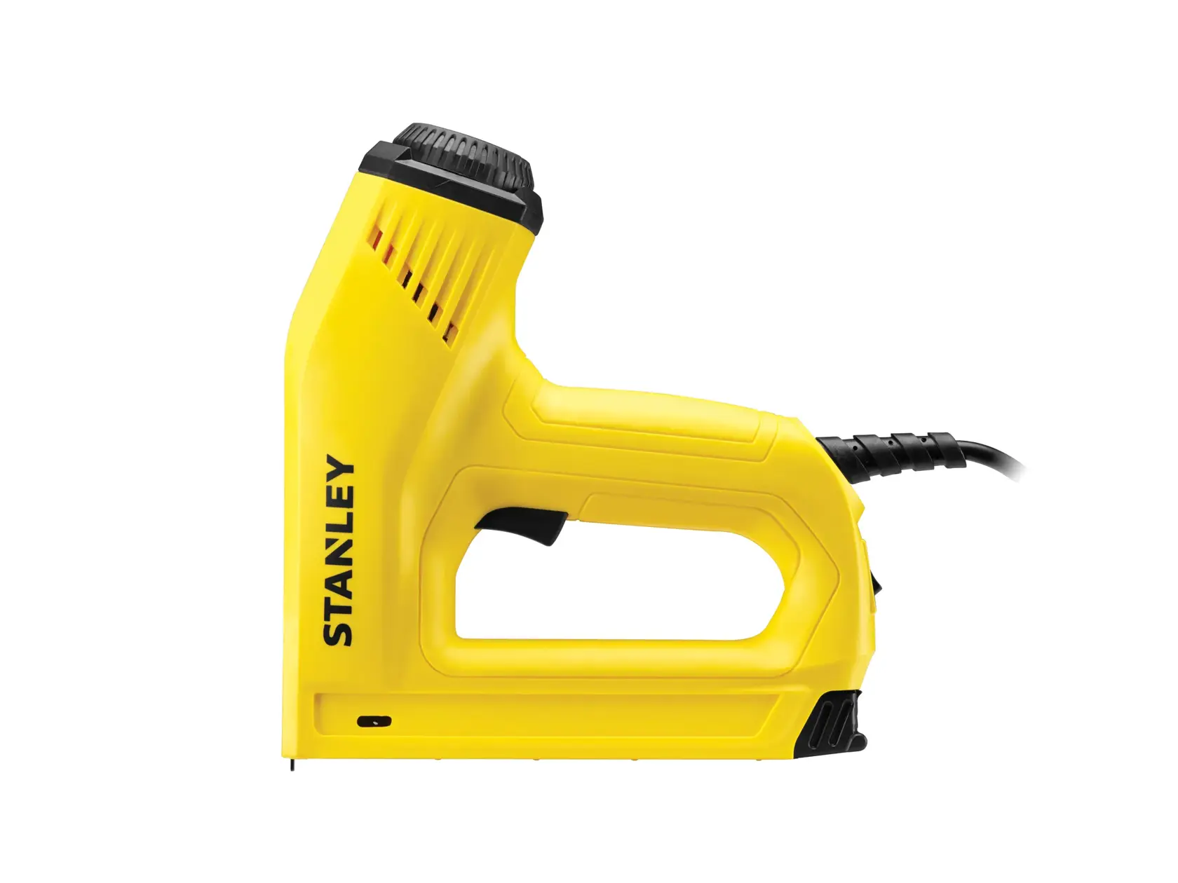 Yellow Stanley electric stapler with cord, shown in side profile against a white background.