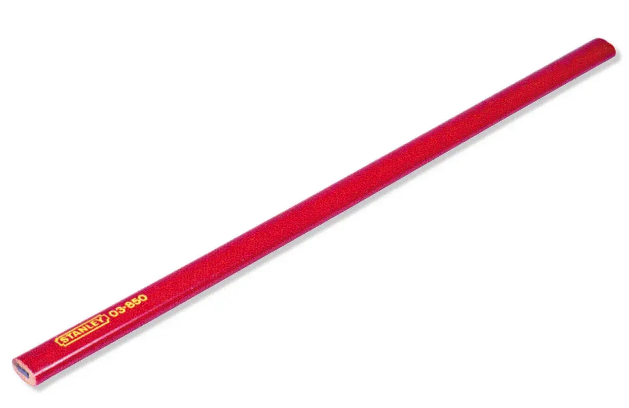 Photography of STANLEY 1-03-850 red carpenter pencil, angled on white background.