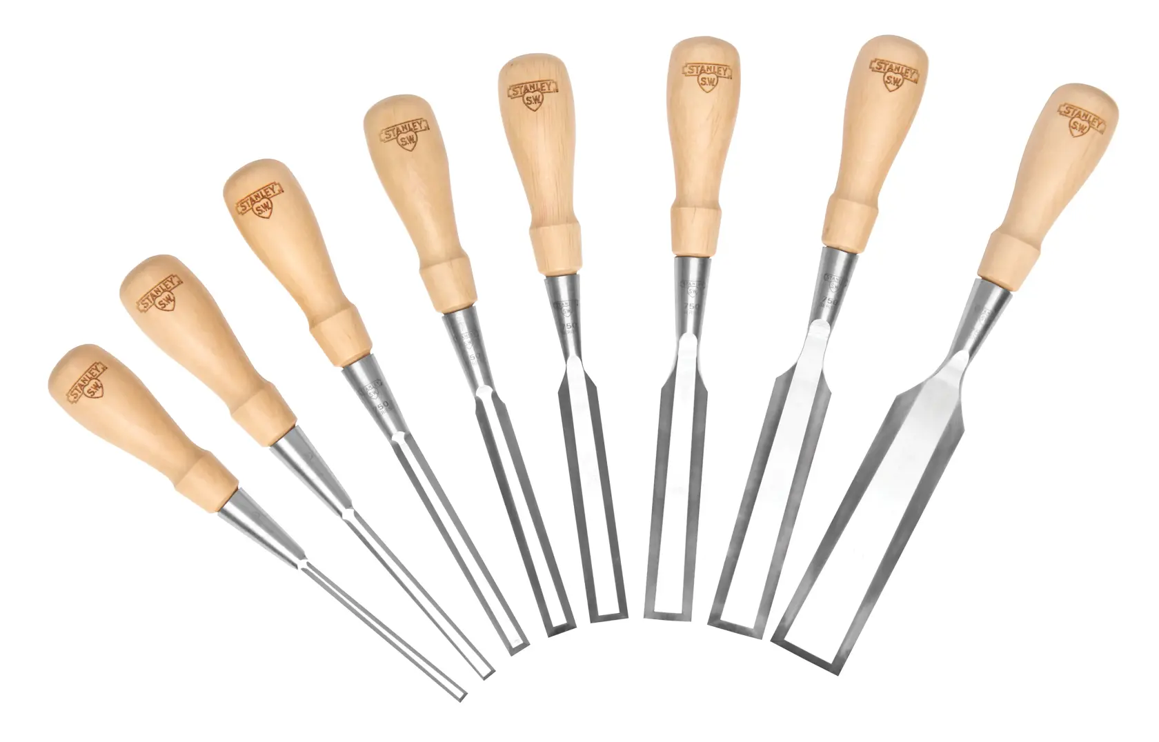 Set of eight Stanley wood chisels with wooden handles, arranged in a fan shape on a white background.