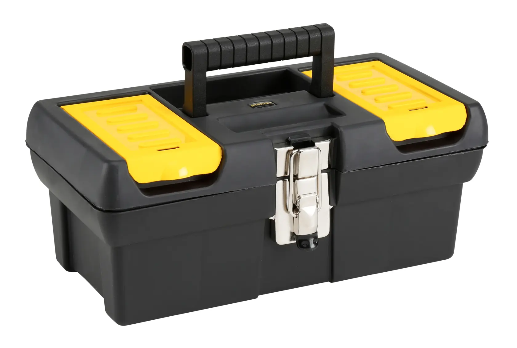 STANLEY 1-92-064 black and yellow plastic toolbox with metal latch, top angle photo.