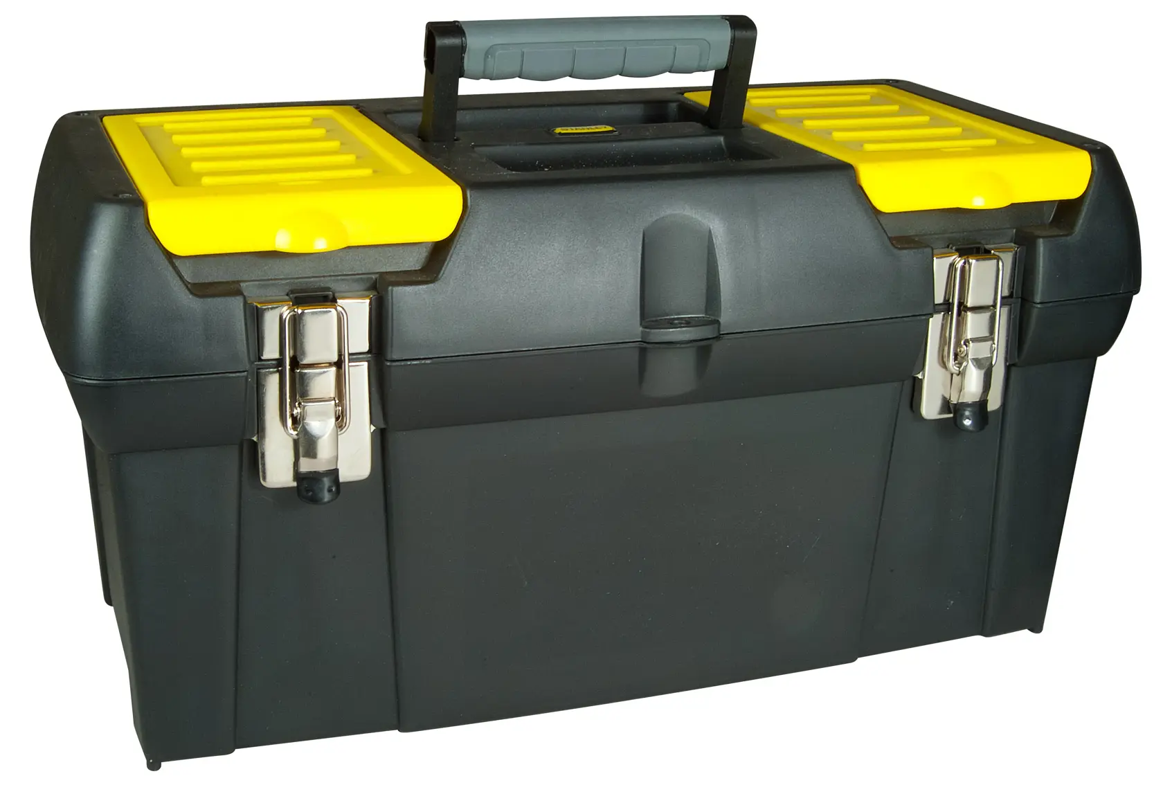 STANLEY 1-92-066 black and yellow toolbox with metal latches, top handle, front angle, photography.
